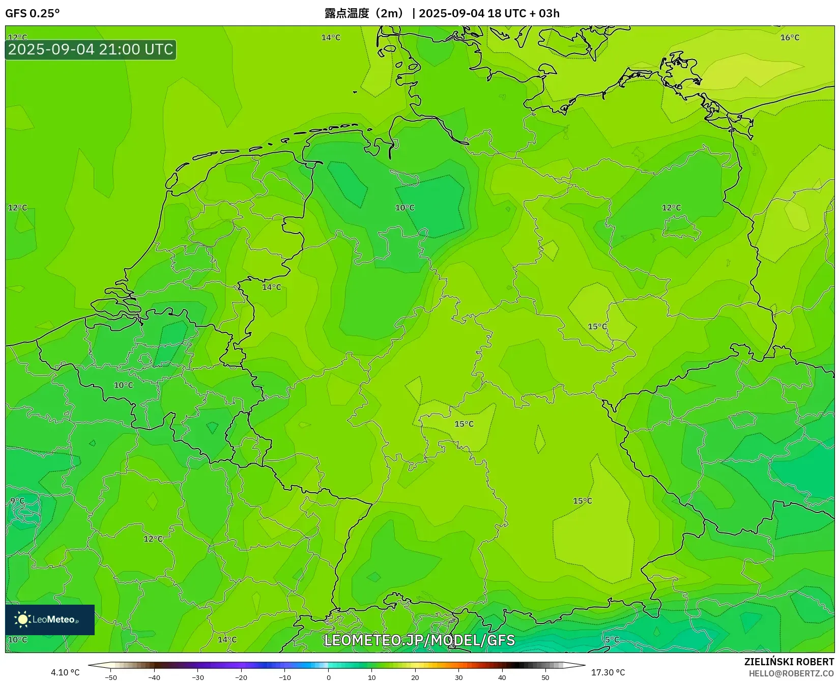 GFS model - ドイツ, 露点温度(2m) GFS model - ドイツ, 露点温度(2m)