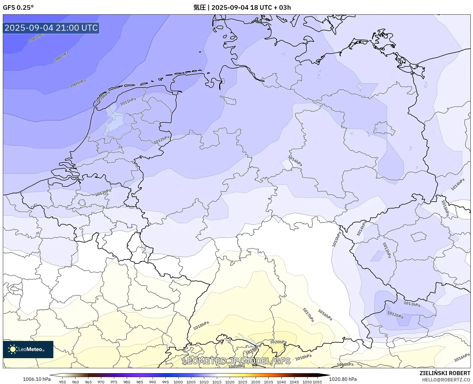 GFS model - ドイツ, 気圧 GFS model - ドイツ, 気圧