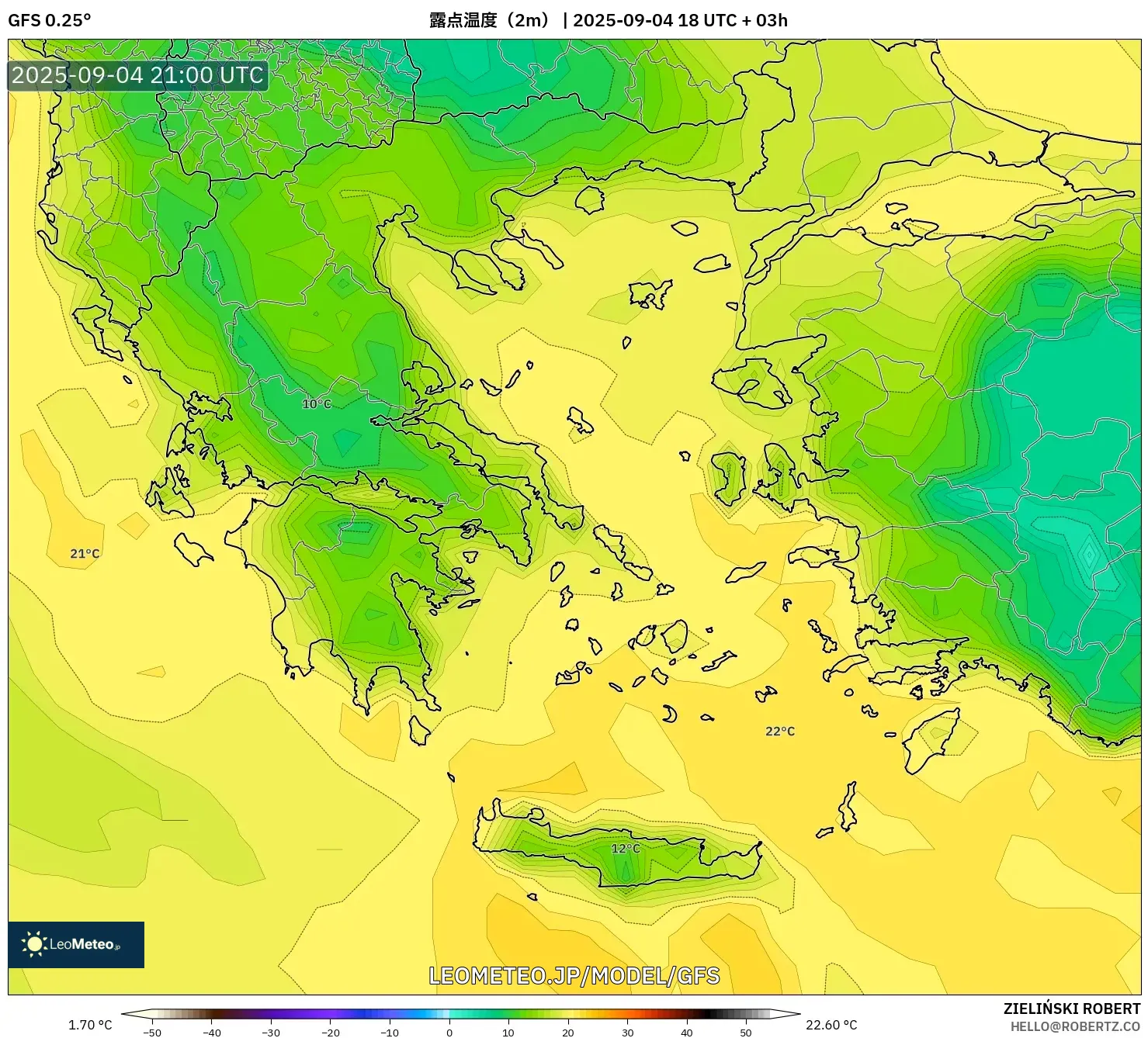 GFS model - ギリシャ, 露点温度(2m) GFS model - ギリシャ, 露点温度(2m)
