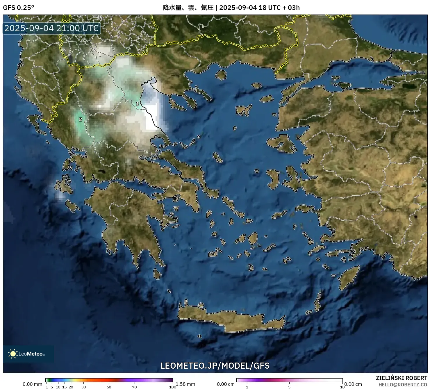 GFS model - ギリシャ, 降水量、雲、気圧 GFS model - ギリシャ, 降水量、雲、気圧