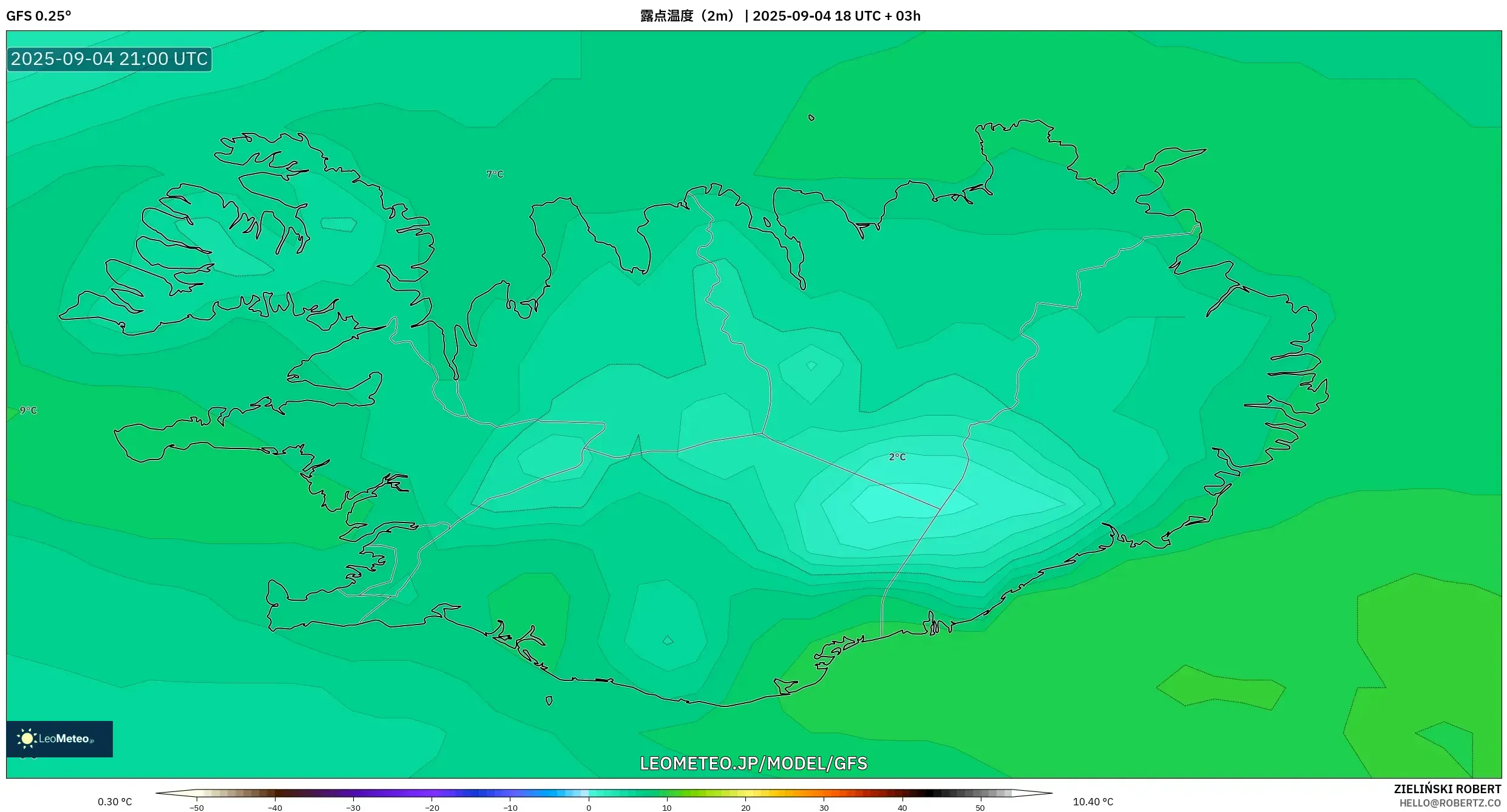 GFS model - アイスランド, 露点温度(2m) GFS model - アイスランド, 露点温度(2m)