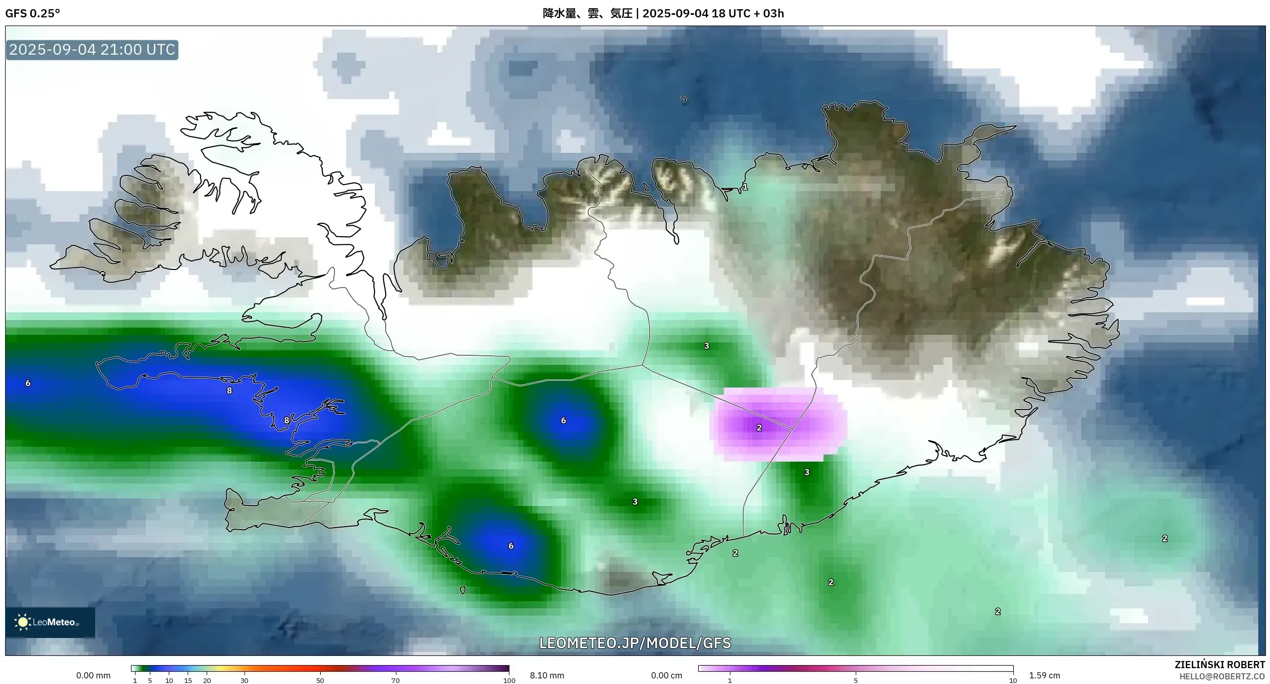 GFS model - アイスランド, 降水量、雲、気圧