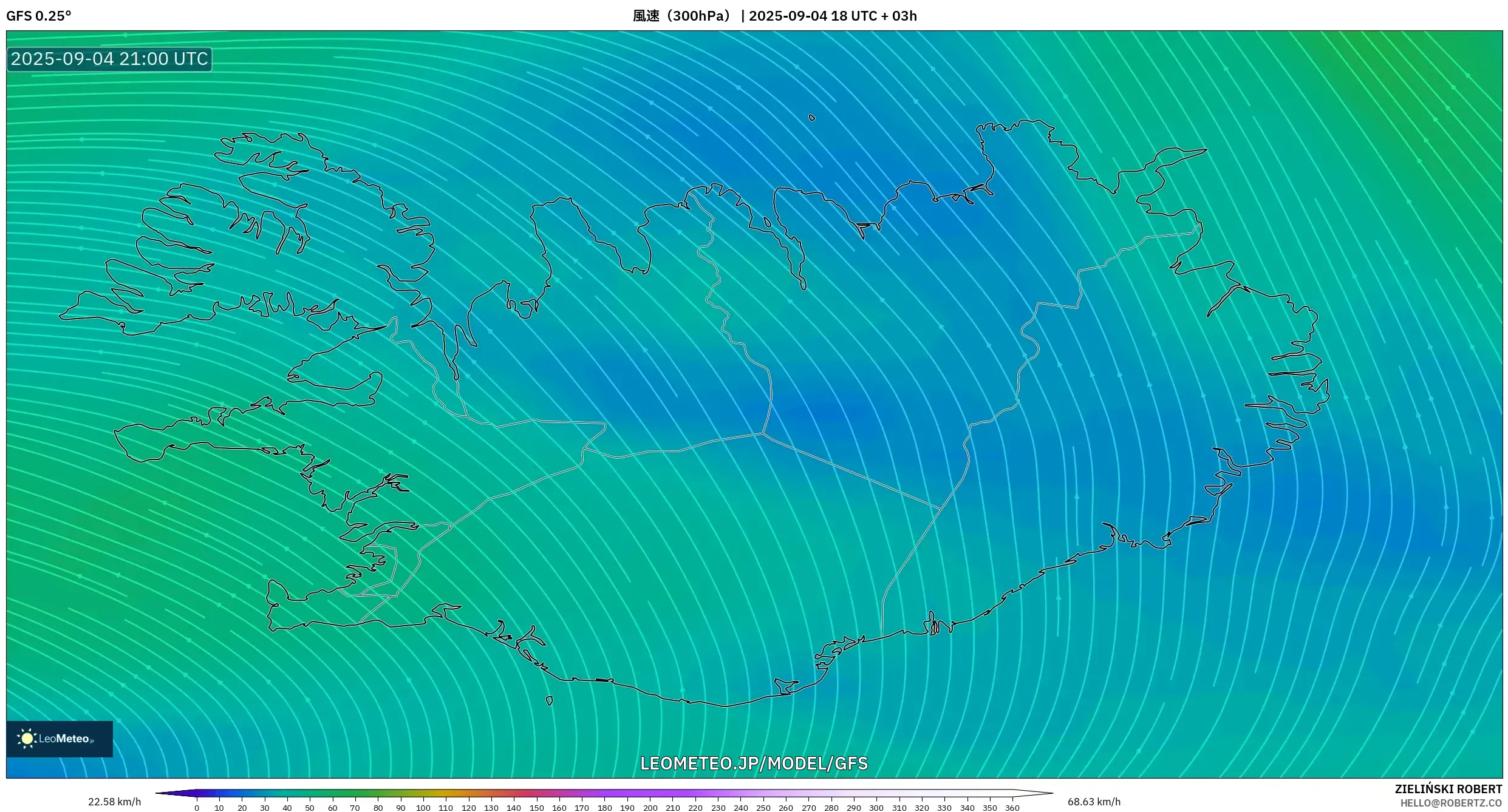 GFS model - アイスランド, 風速（300hPa）