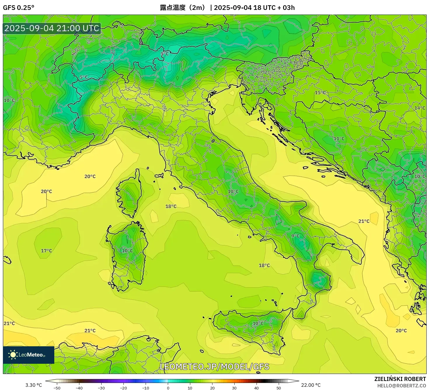 GFS model - イタリア, 露点温度(2m) GFS model - イタリア, 露点温度(2m)