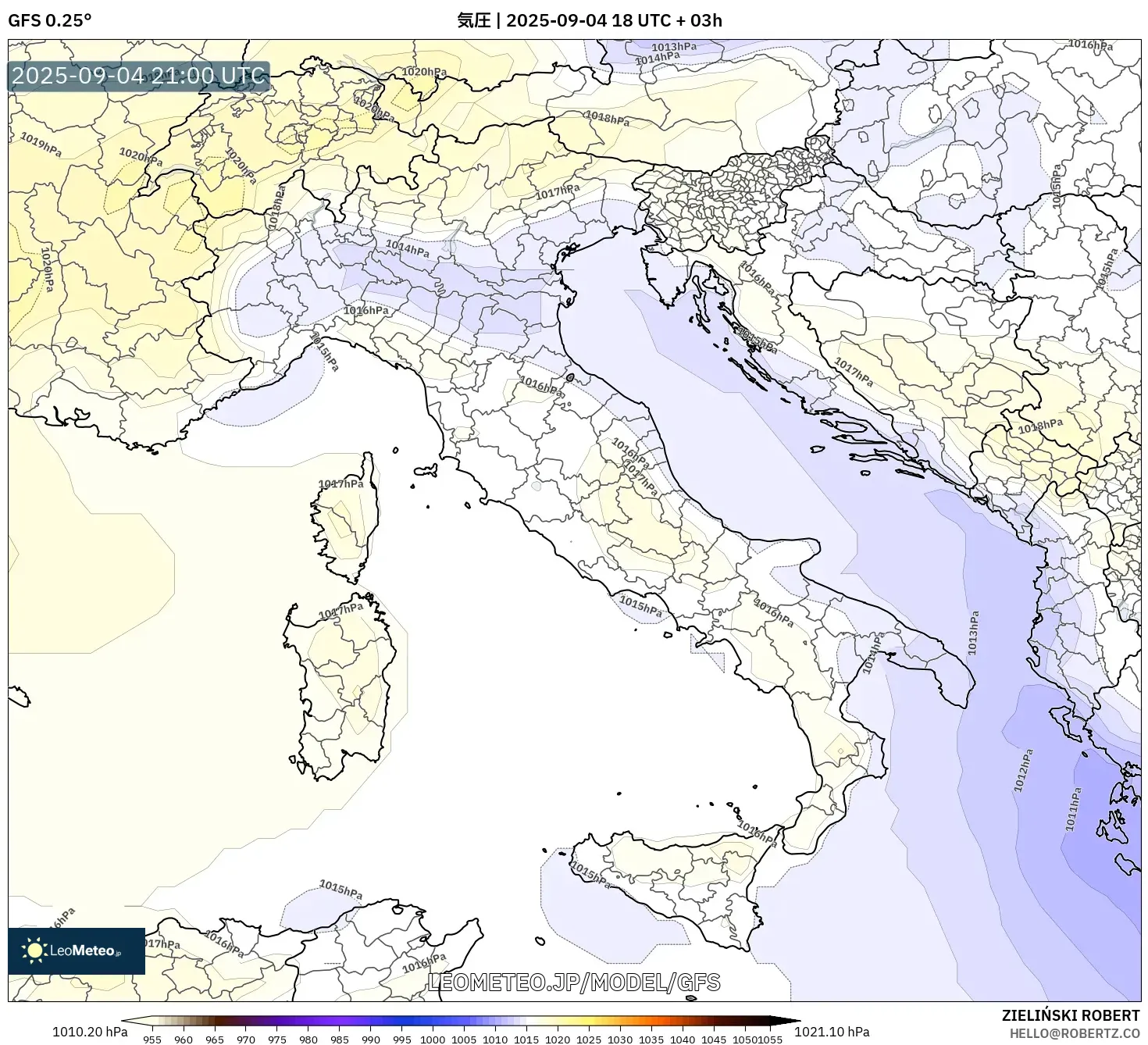 GFS model - イタリア, 気圧 GFS model - イタリア, 気圧