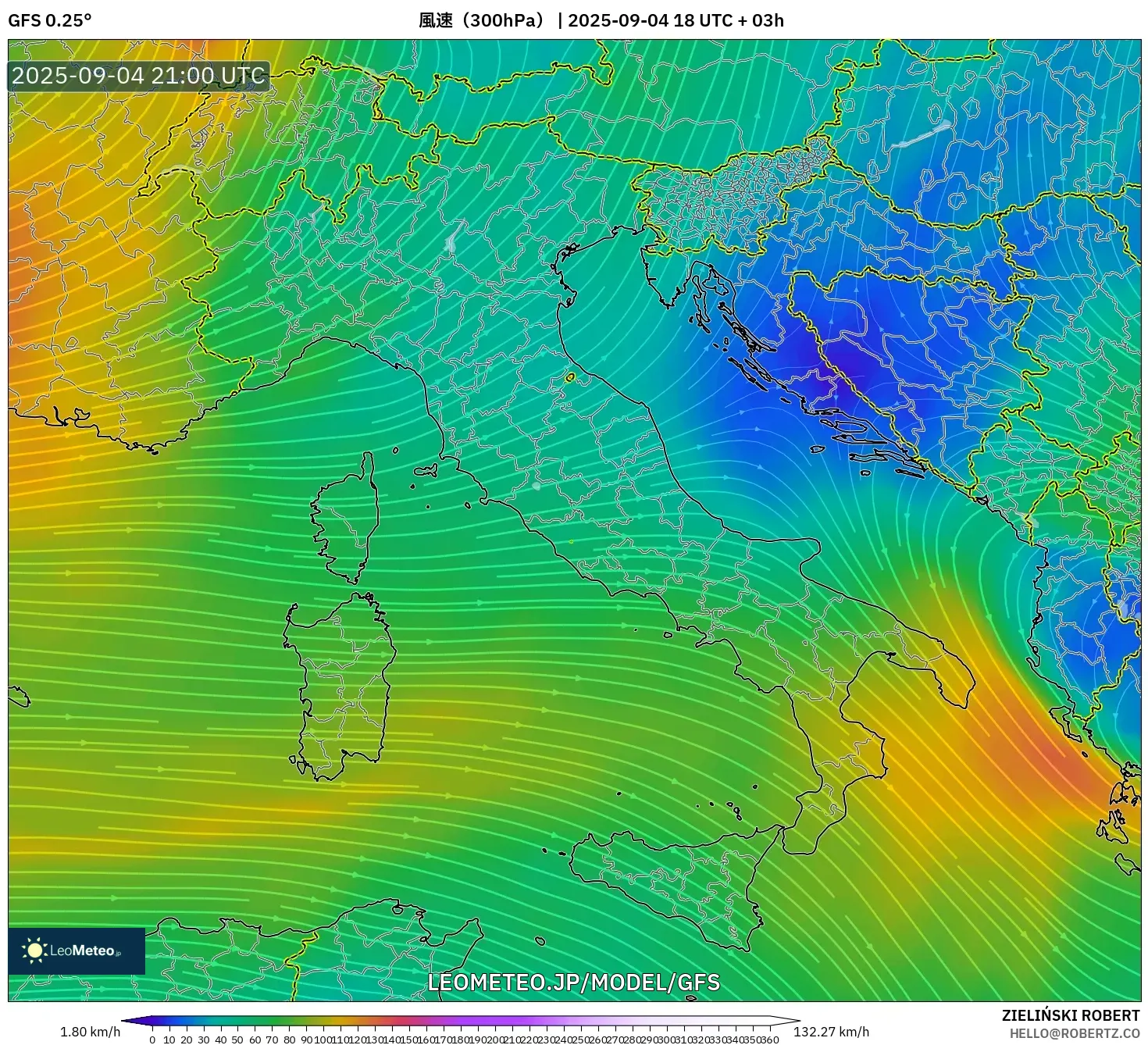 GFS model - イタリア, 風速(300hPa) GFS model - イタリア, 風速(300hPa)