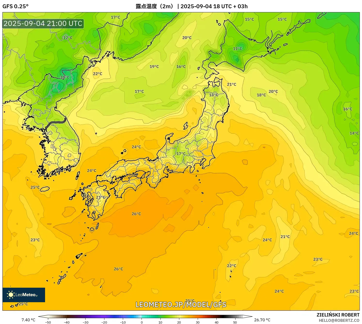 GFS model - 日本, 露点温度(2m) GFS model - 日本, 露点温度(2m)