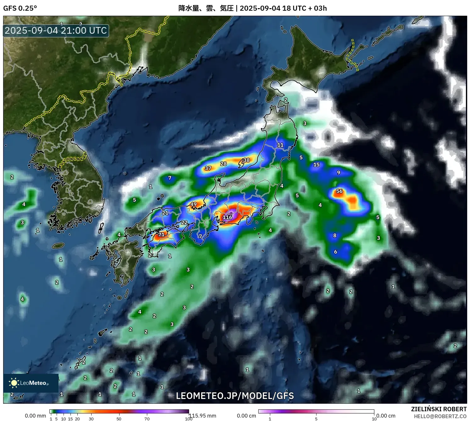 GFS model - 日本, 降水量、雲、気圧 GFS model - 日本, 降水量、雲、気圧