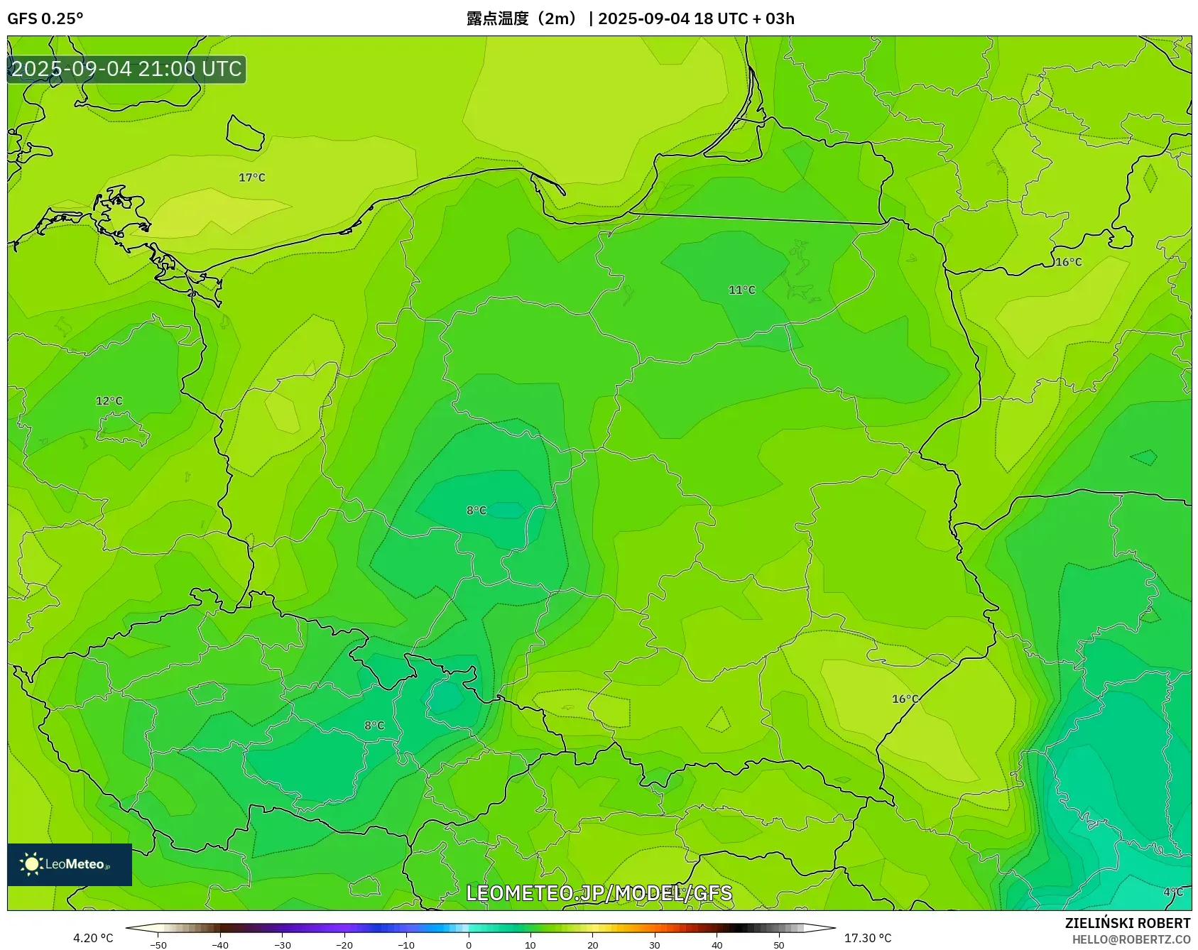 GFS model - ポーランド, 露点温度(2m) GFS model - ポーランド, 露点温度(2m)