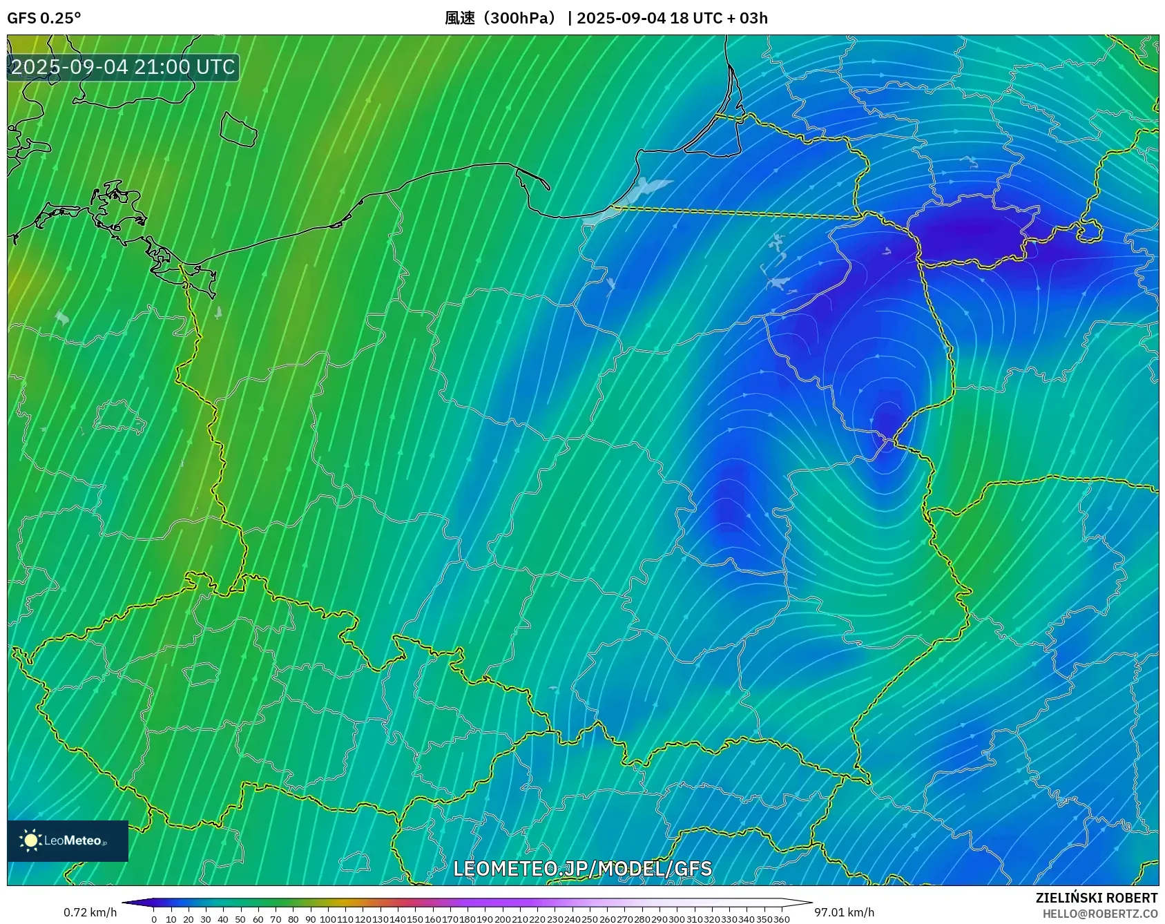 GFS model - ポーランド, 風速(300hPa) GFS model - ポーランド, 風速(300hPa)