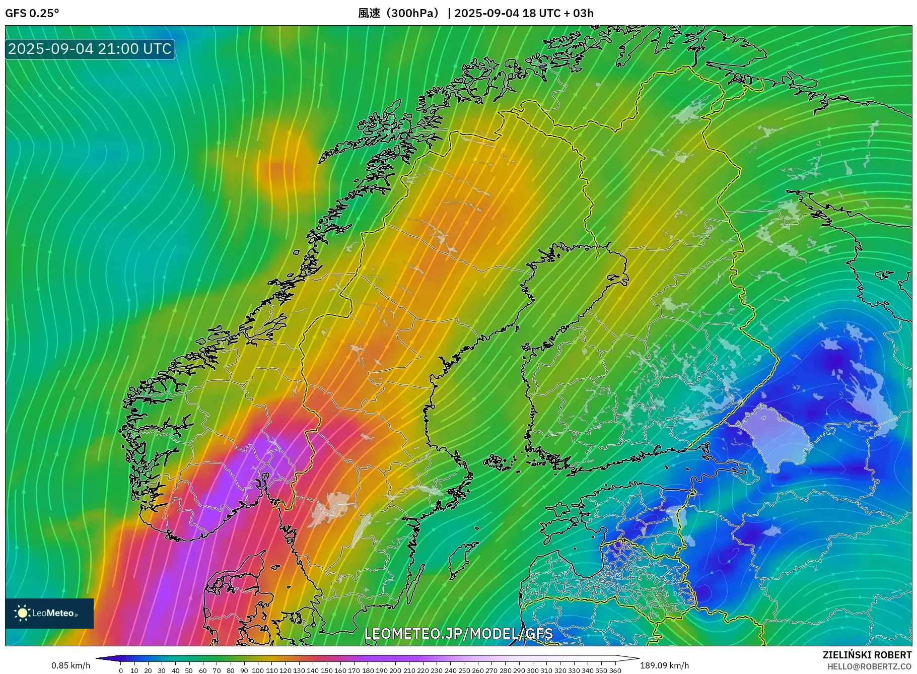 GFS model - スカンジナビア, 風速(300hPa) GFS model - スカンジナビア, 風速(300hPa)