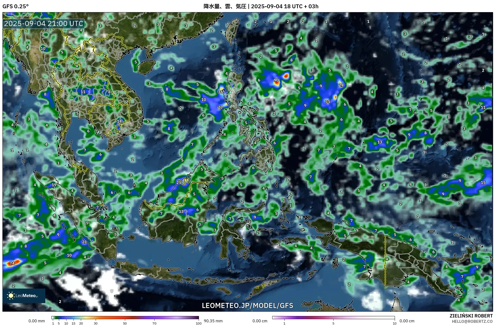 GFS model - 東南アジア, 降水量、雲、気圧
