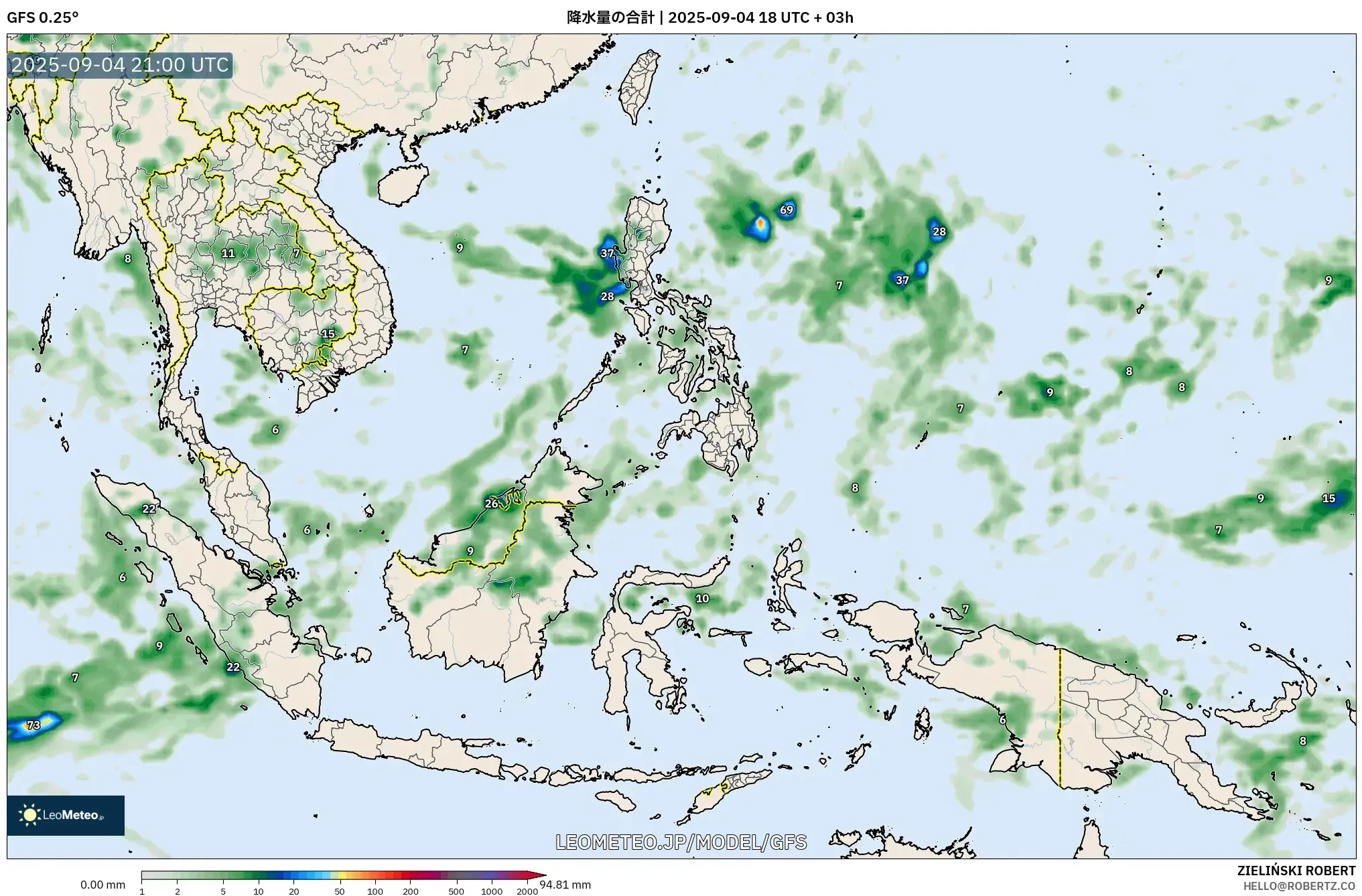 GFS model - 東南アジア, 降水量の合計 GFS model - 東南アジア, 降水量の合計