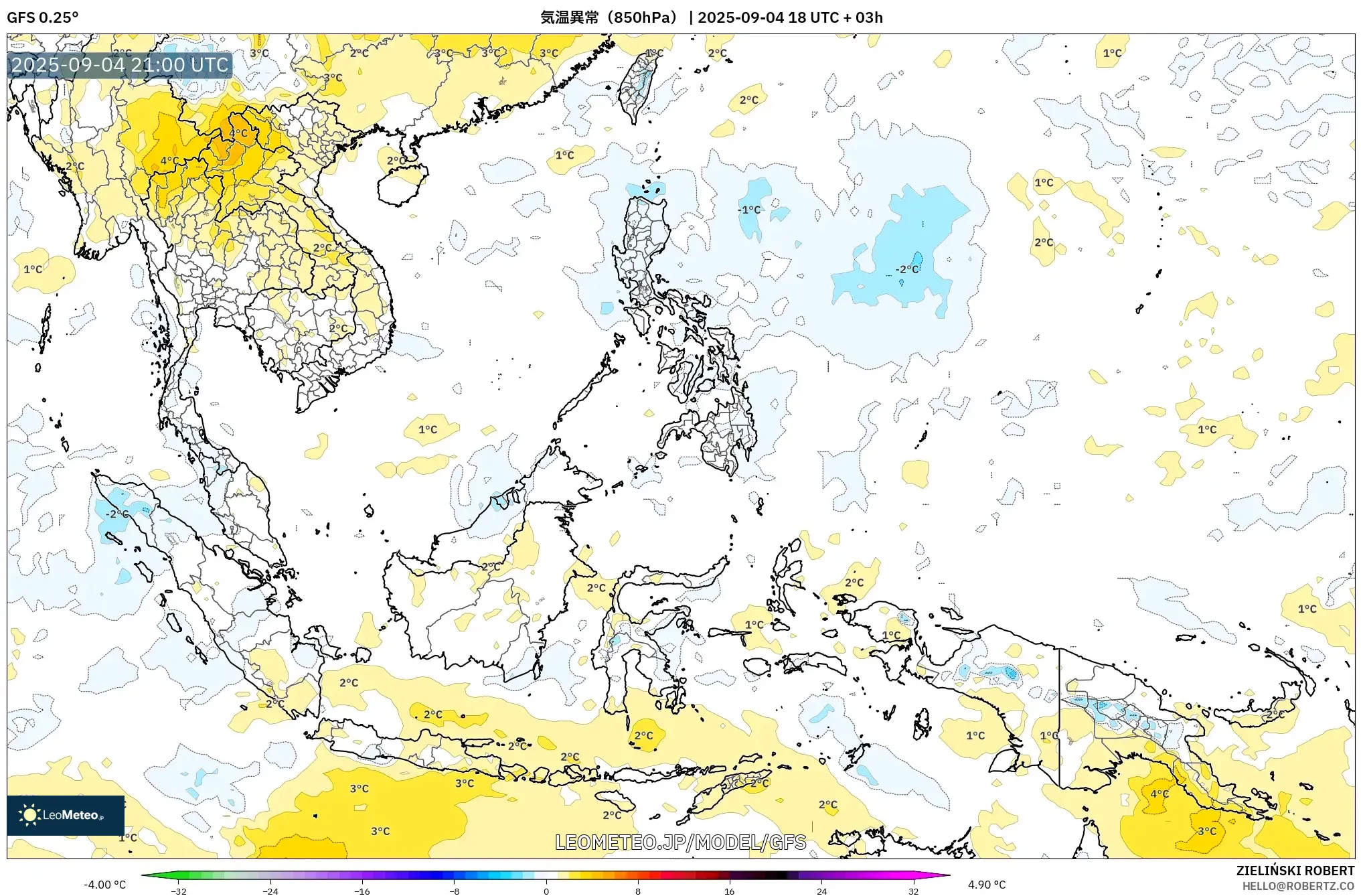 GFS model - 東南アジア, 気温異常(850hPa) GFS model - 東南アジア, 気温異常(850hPa)