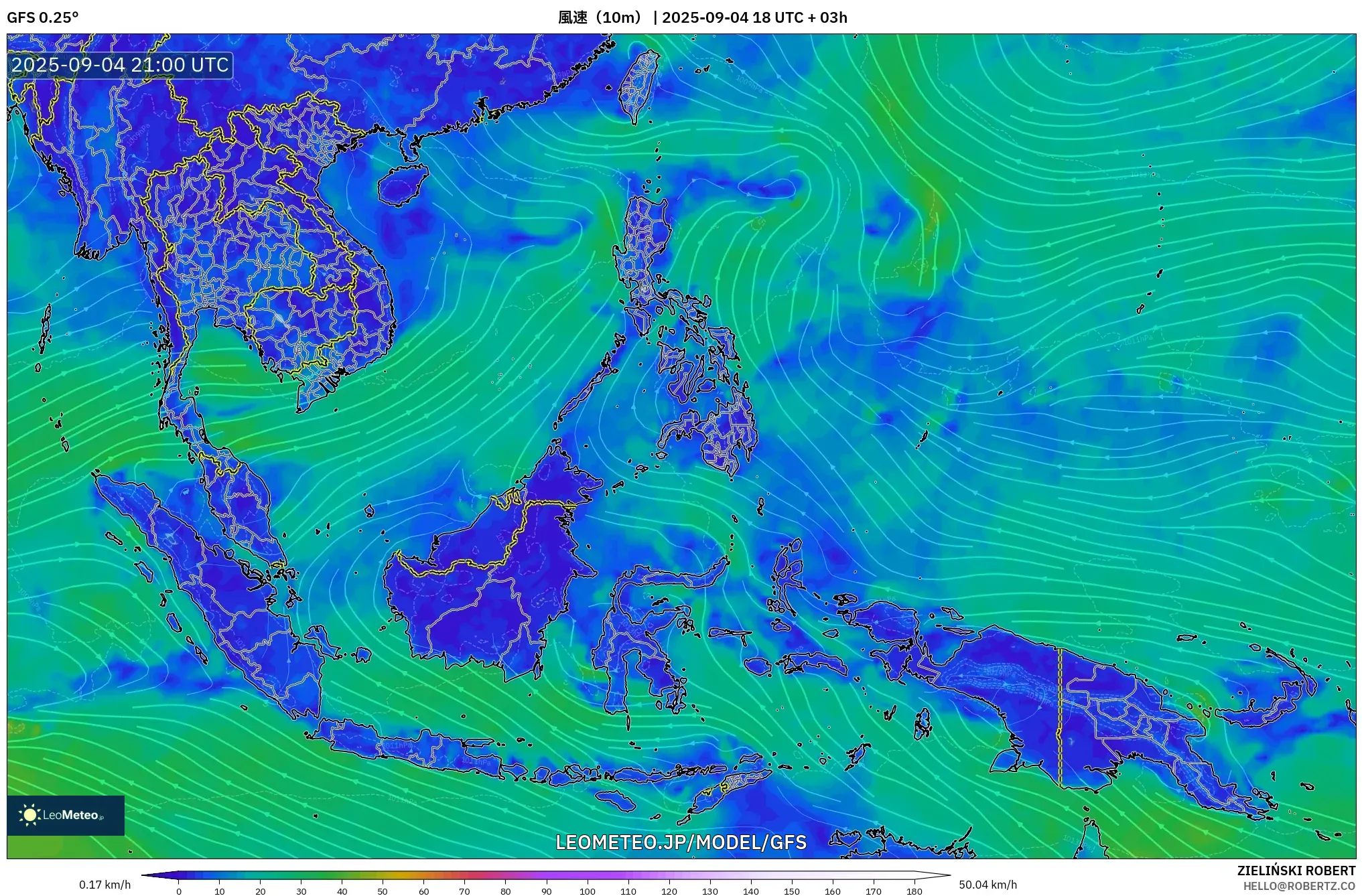 GFS model - 東南アジア, 風速(10m) GFS model - 東南アジア, 風速(10m)