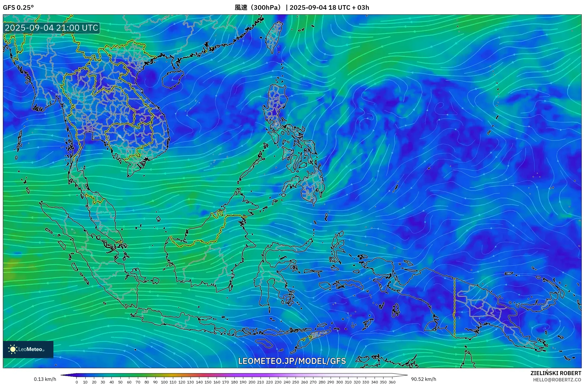 GFS model - 東南アジア, 風速（300hPa）