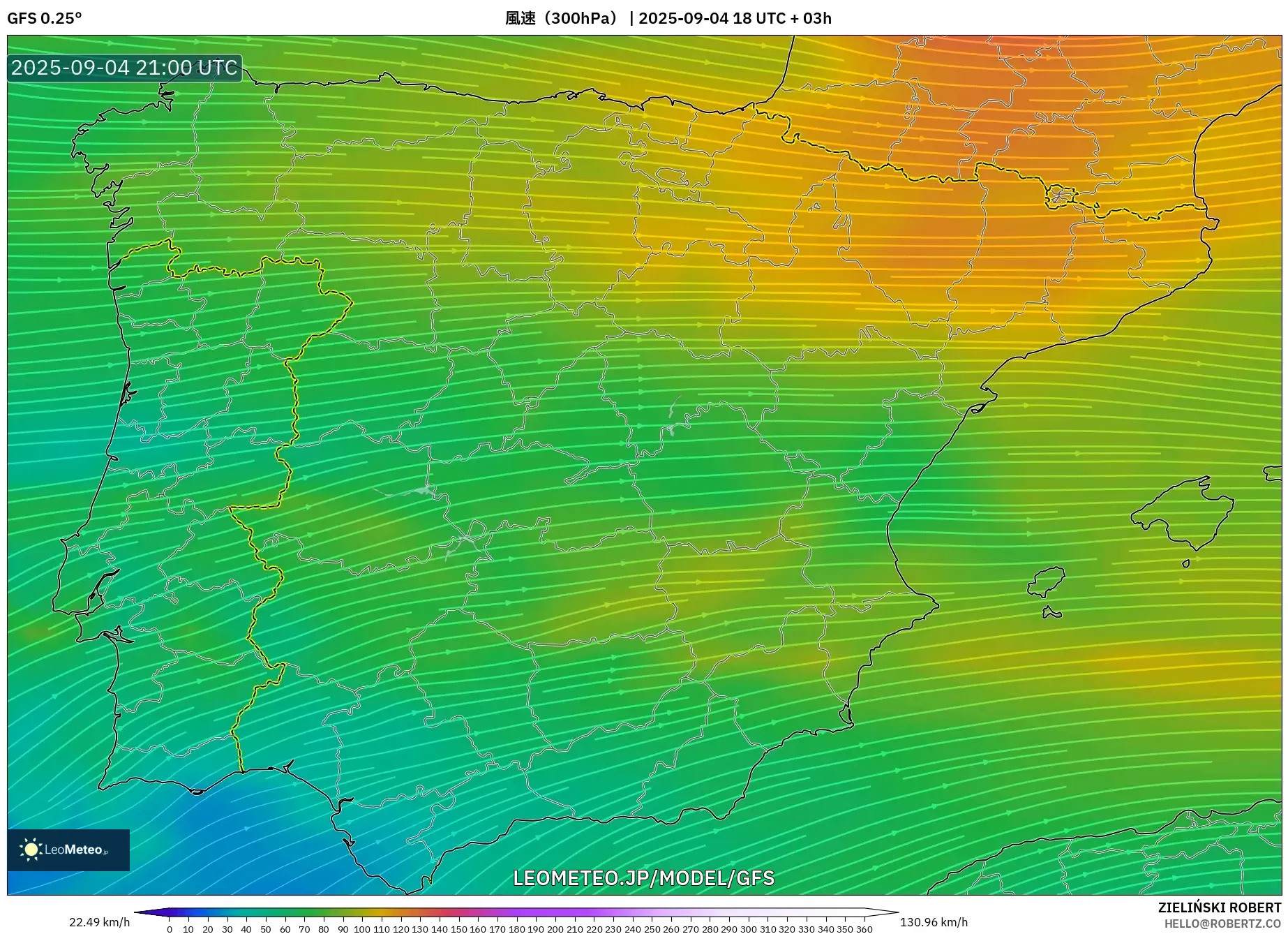 GFS model - スペイン, 風速(300hPa) GFS model - スペイン, 風速(300hPa)