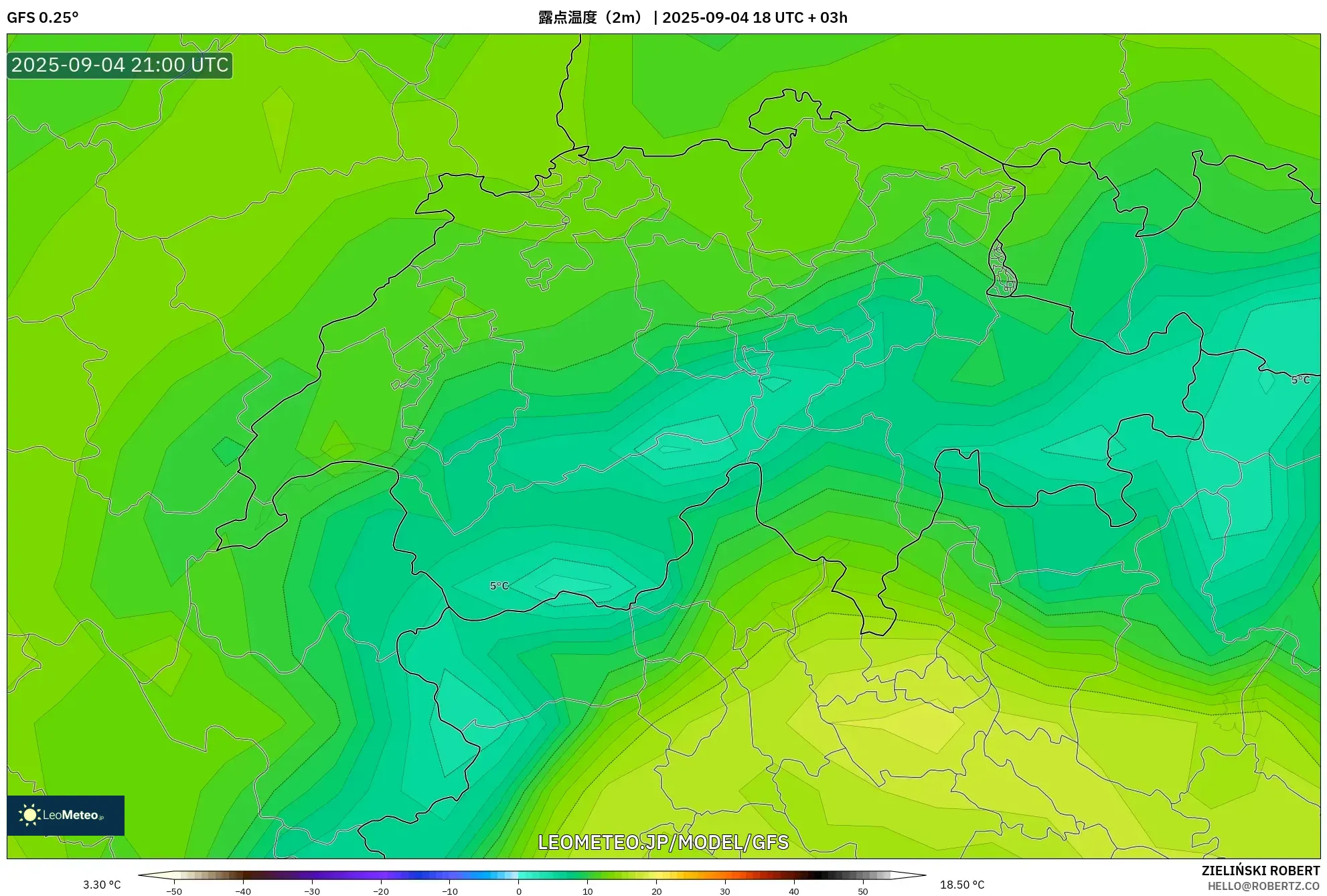 GFS model - スイス, 露点温度(2m) GFS model - スイス, 露点温度(2m)
