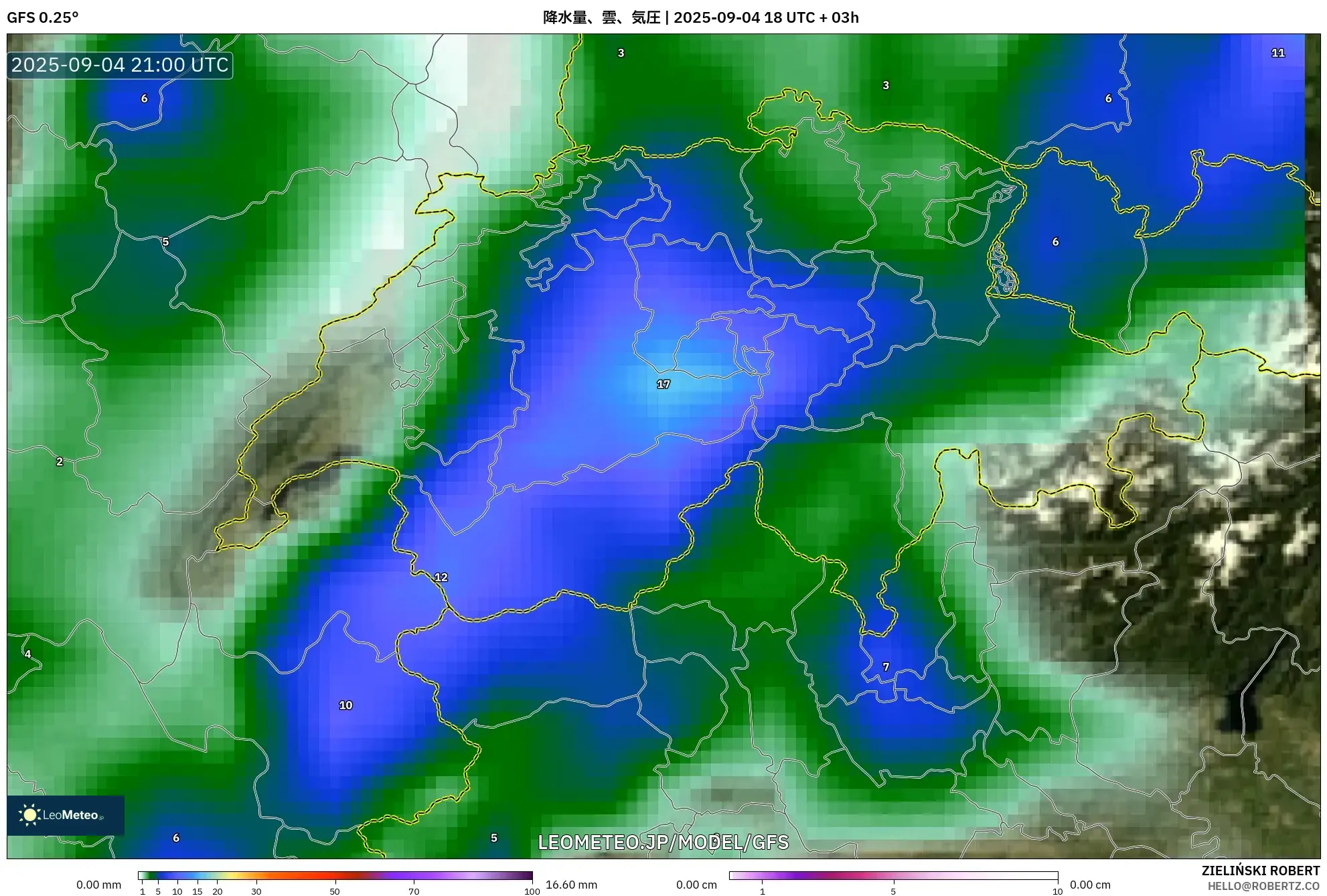 GFS model - スイス, 降水量、雲、気圧 GFS model - スイス, 降水量、雲、気圧