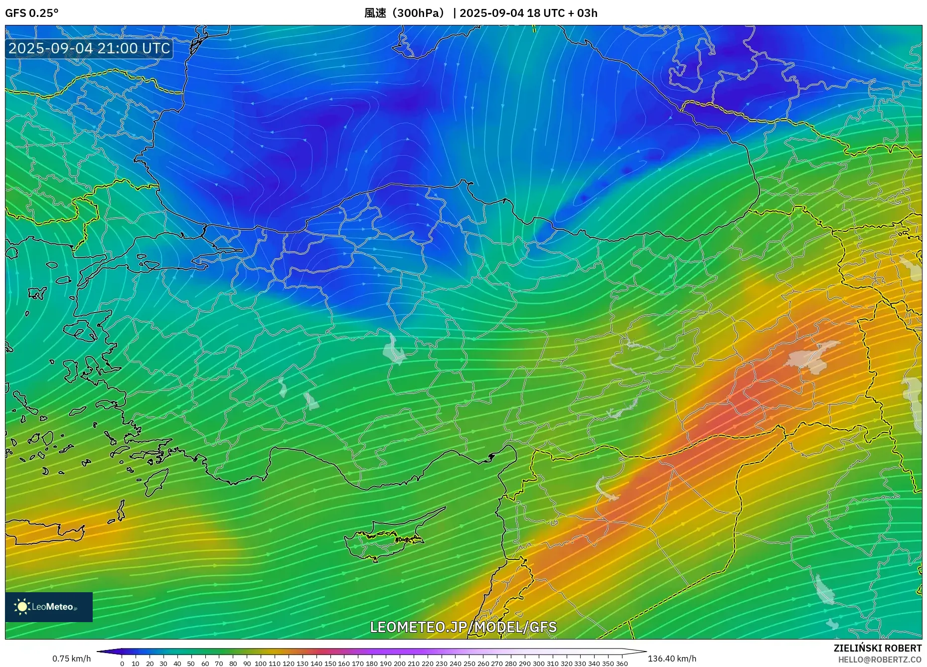 GFS model - トルコ, 風速(300hPa) GFS model - トルコ, 風速(300hPa)