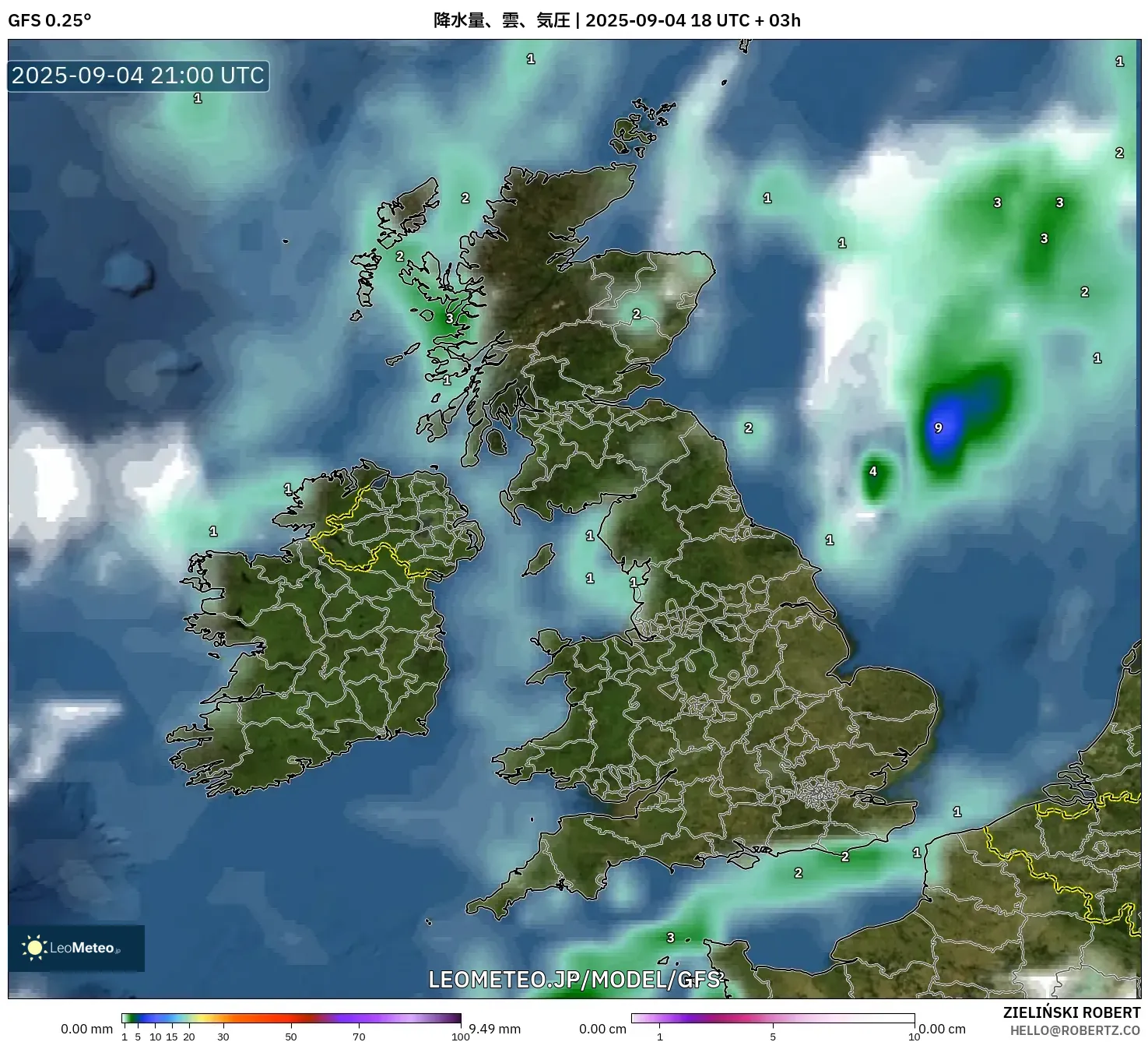 GFS model - イギリス, 降水量、雲、気圧 GFS model - イギリス, 降水量、雲、気圧