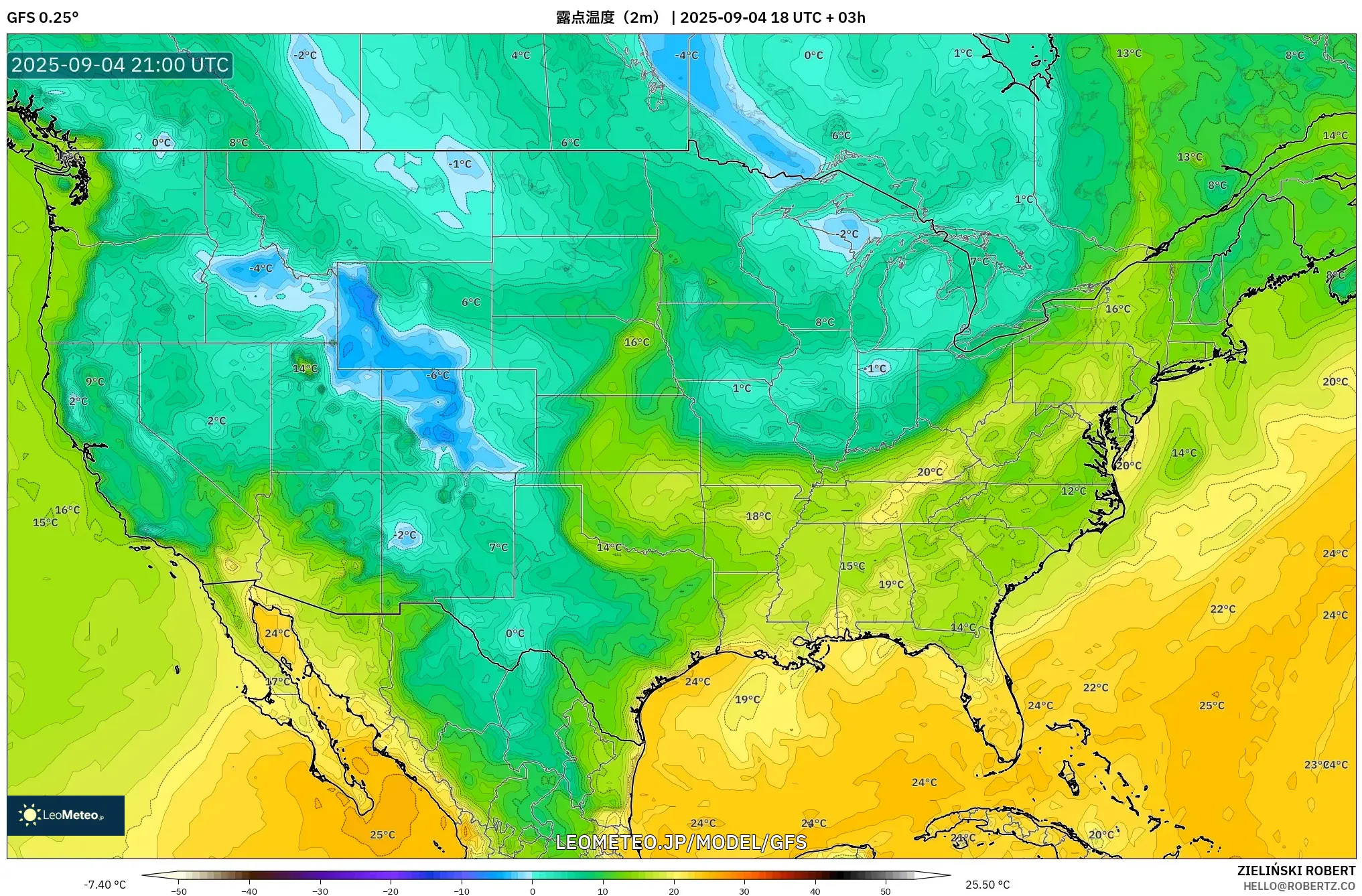 GFS model - アメリカ合衆国, 露点温度(2m) GFS model - アメリカ合衆国, 露点温度(2m)