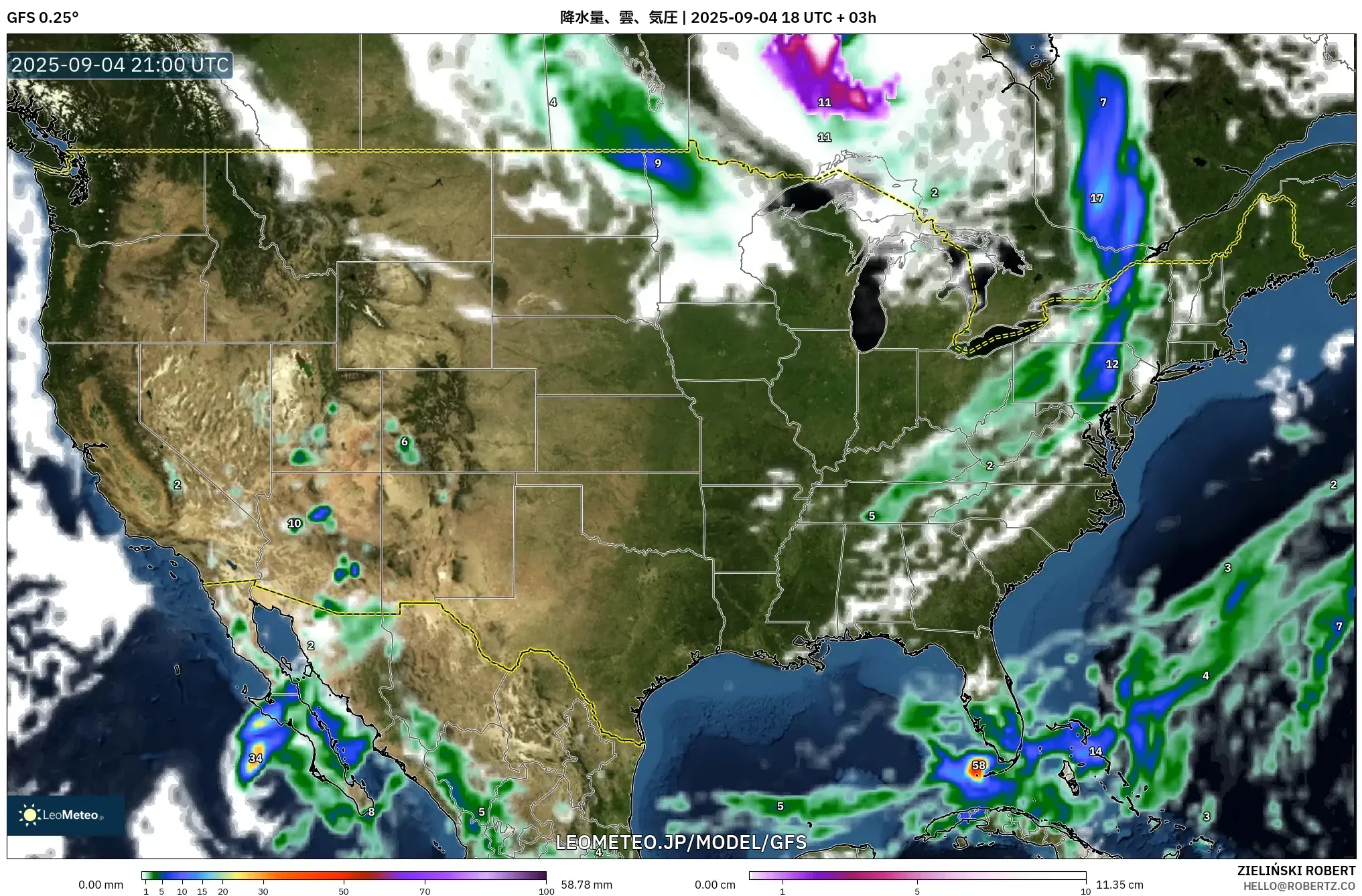 GFS model - アメリカ合衆国, 降水量、雲、気圧 GFS model - アメリカ合衆国, 降水量、雲、気圧