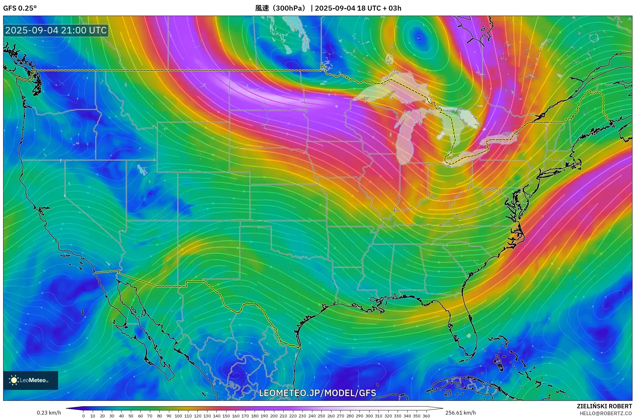 GFS model - アメリカ合衆国, 風速(300hPa) GFS model - アメリカ合衆国, 風速(300hPa)