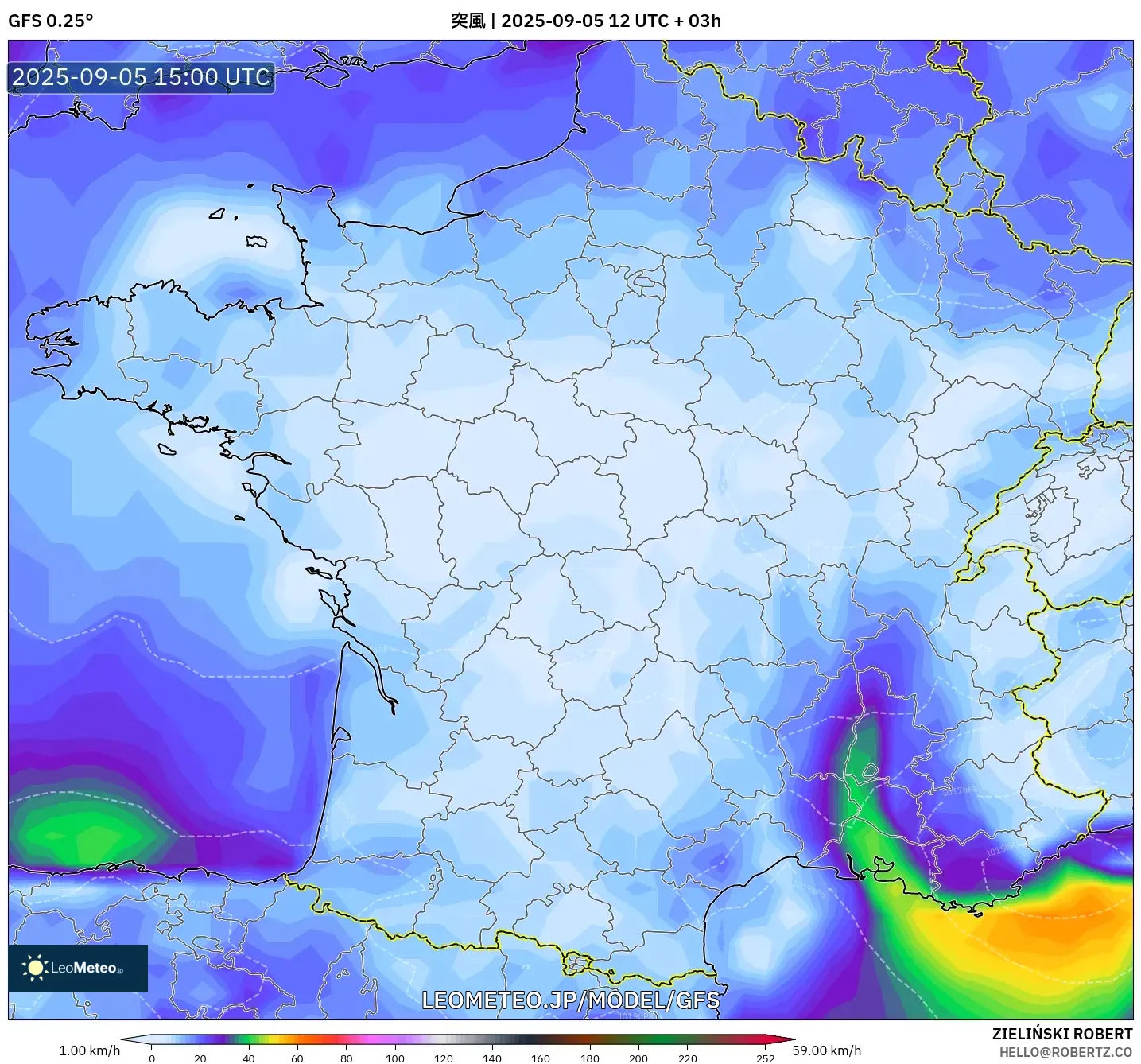 GFS model - フランス, 突風