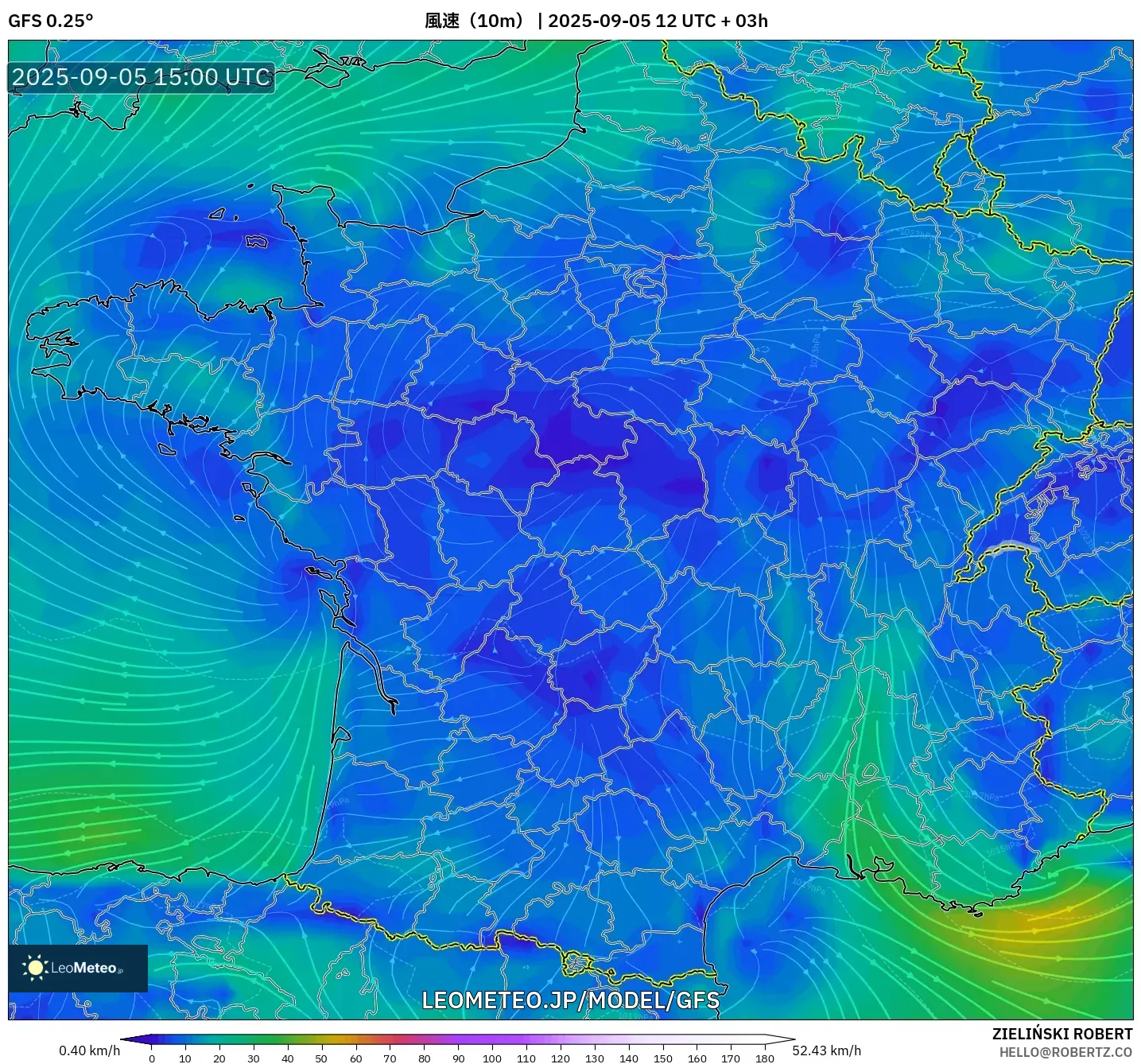 GFS model - フランス, 風速（10m）