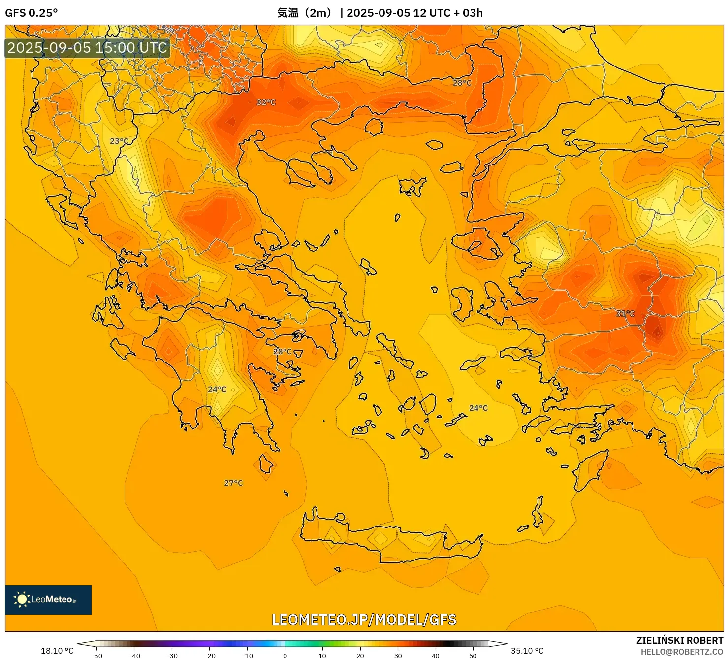 GFS model - ギリシャ, 気温（2m）