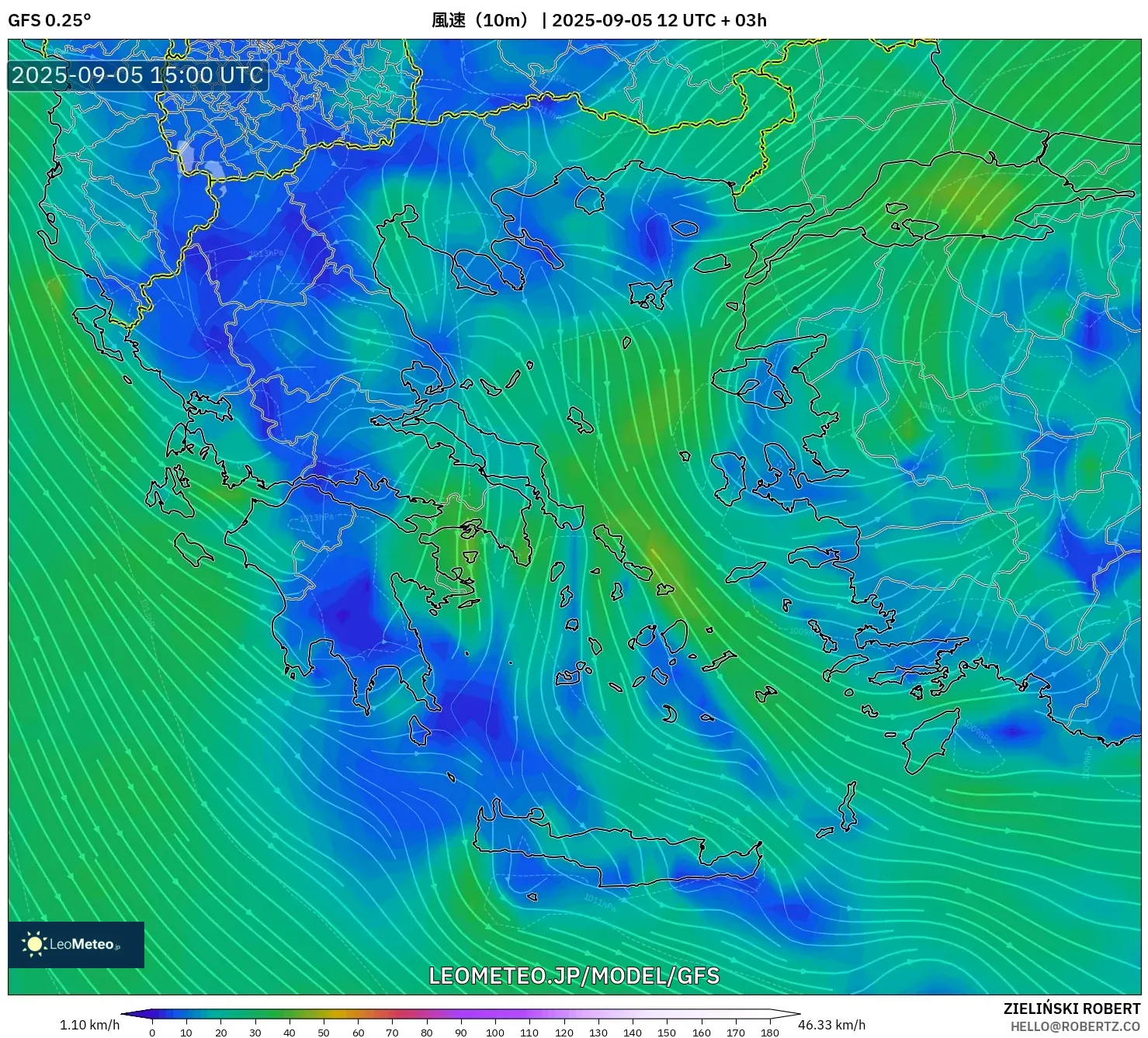 GFS model - ギリシャ, 風速(10m) GFS model - ギリシャ, 風速(10m)