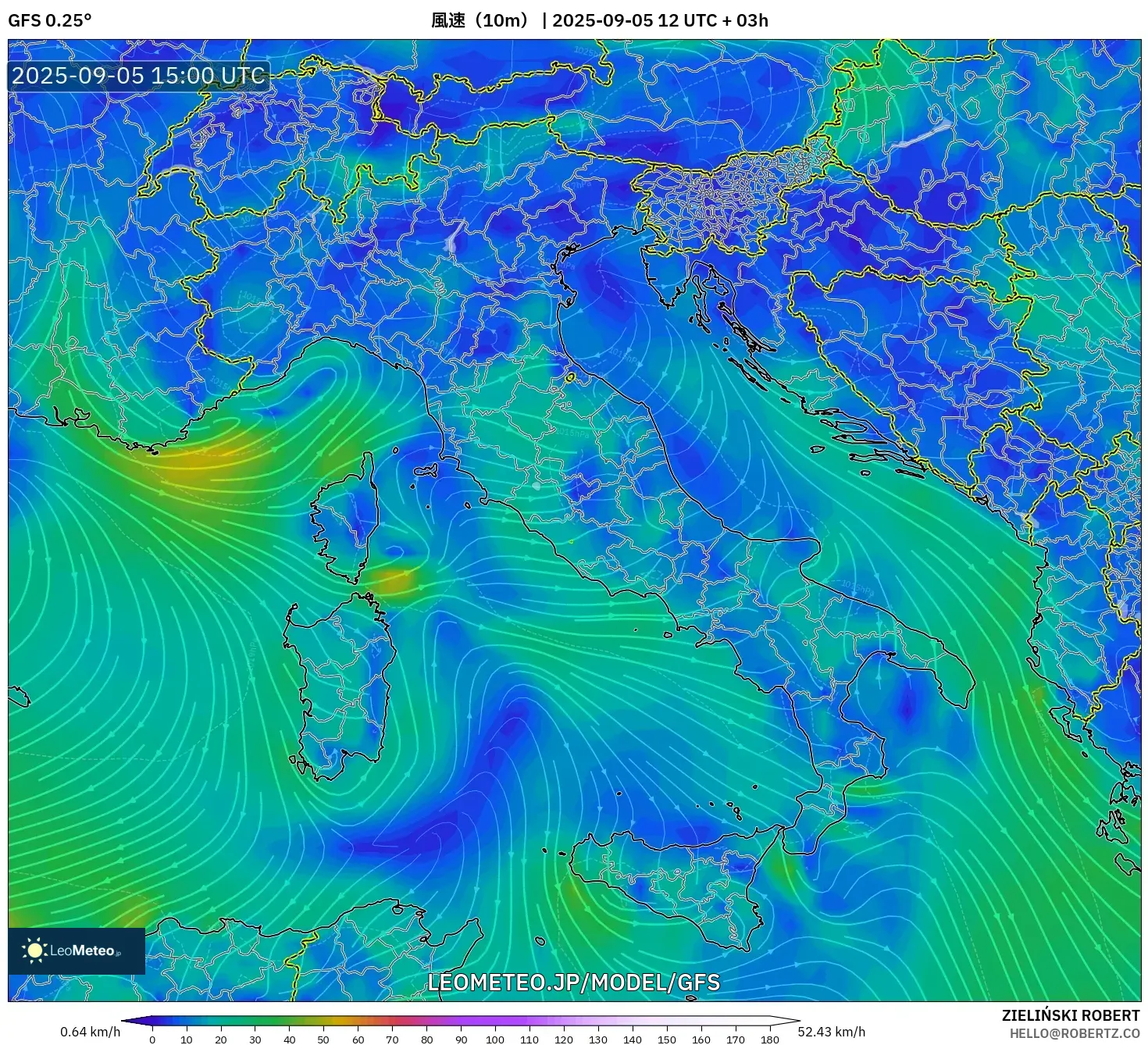 GFS model - イタリア, 風速（10m）