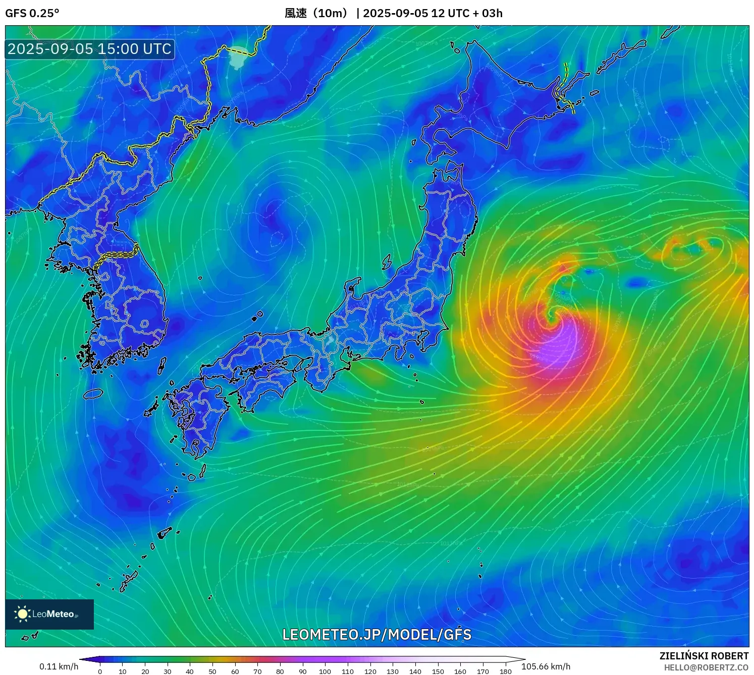 GFS model - 日本, 風速（10m）