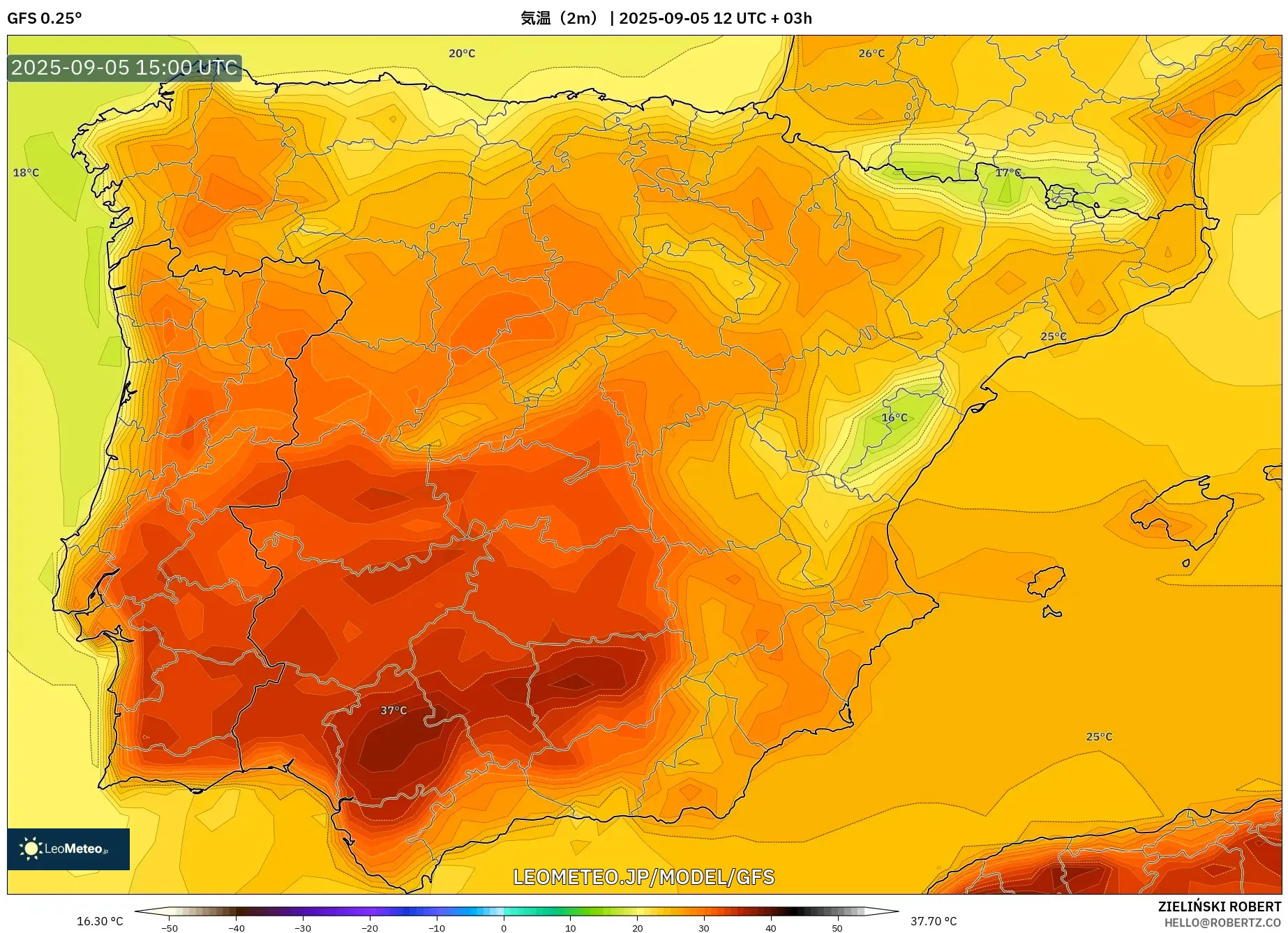GFS model - スペイン, 気温(2m) GFS model - スペイン, 気温(2m)