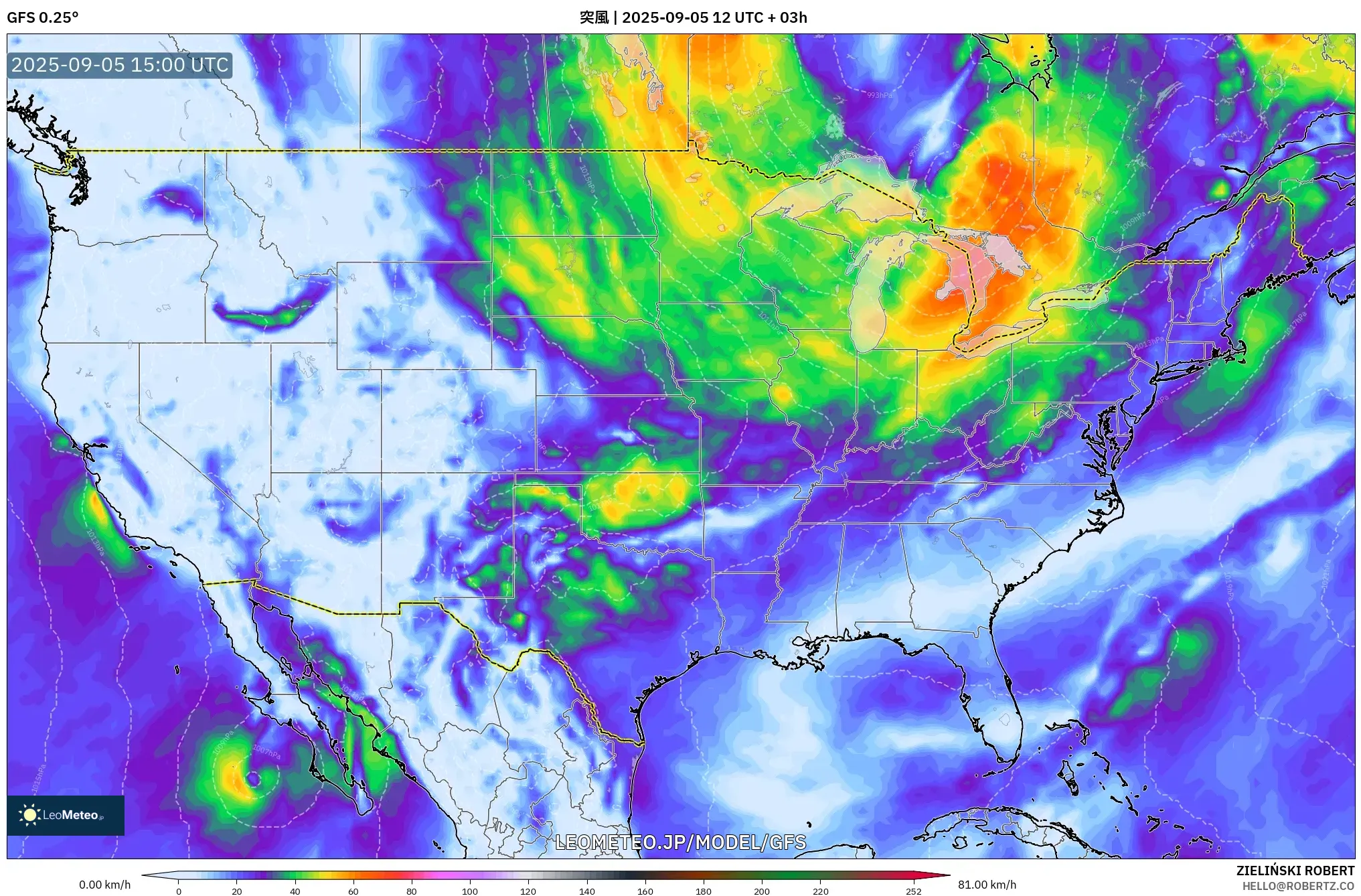 GFS model - アメリカ合衆国, 突風