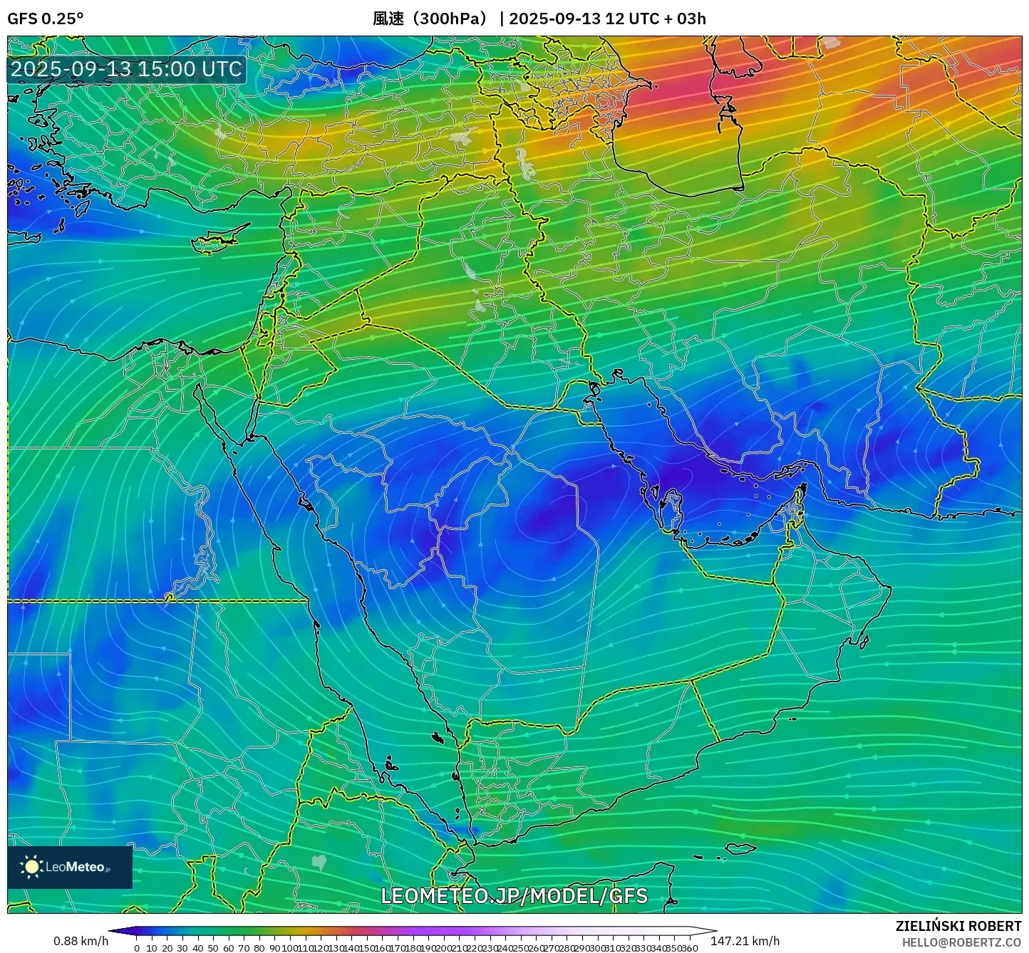 GFS model - 中東, 風速（300hPa）