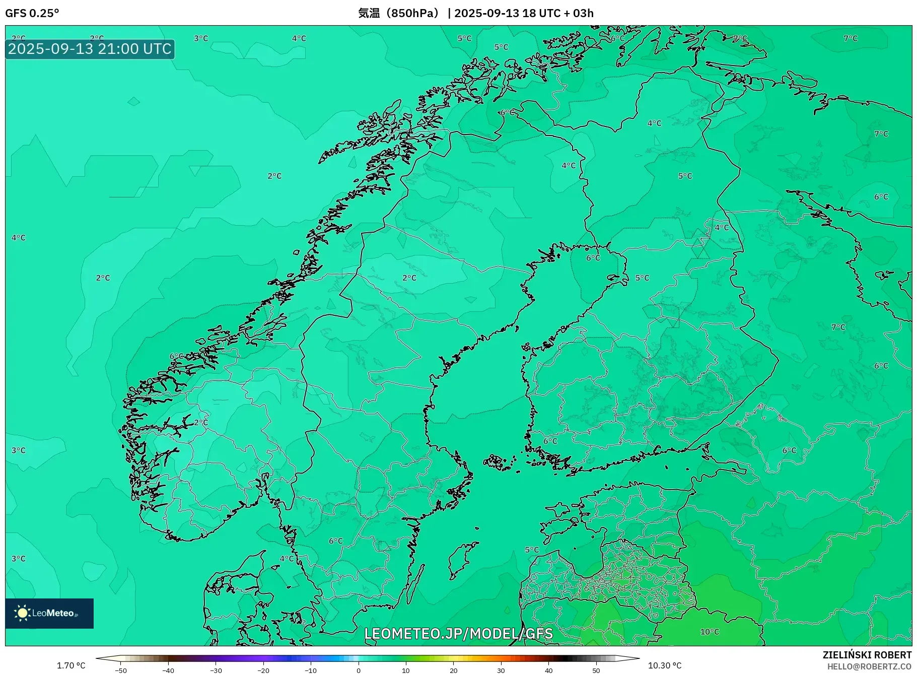GFS model - スカンジナビア, 気温(850hPa) GFS model - スカンジナビア, 気温(850hPa)