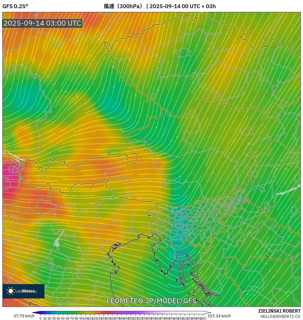 GFS model - オーストリア, 風速（300hPa）