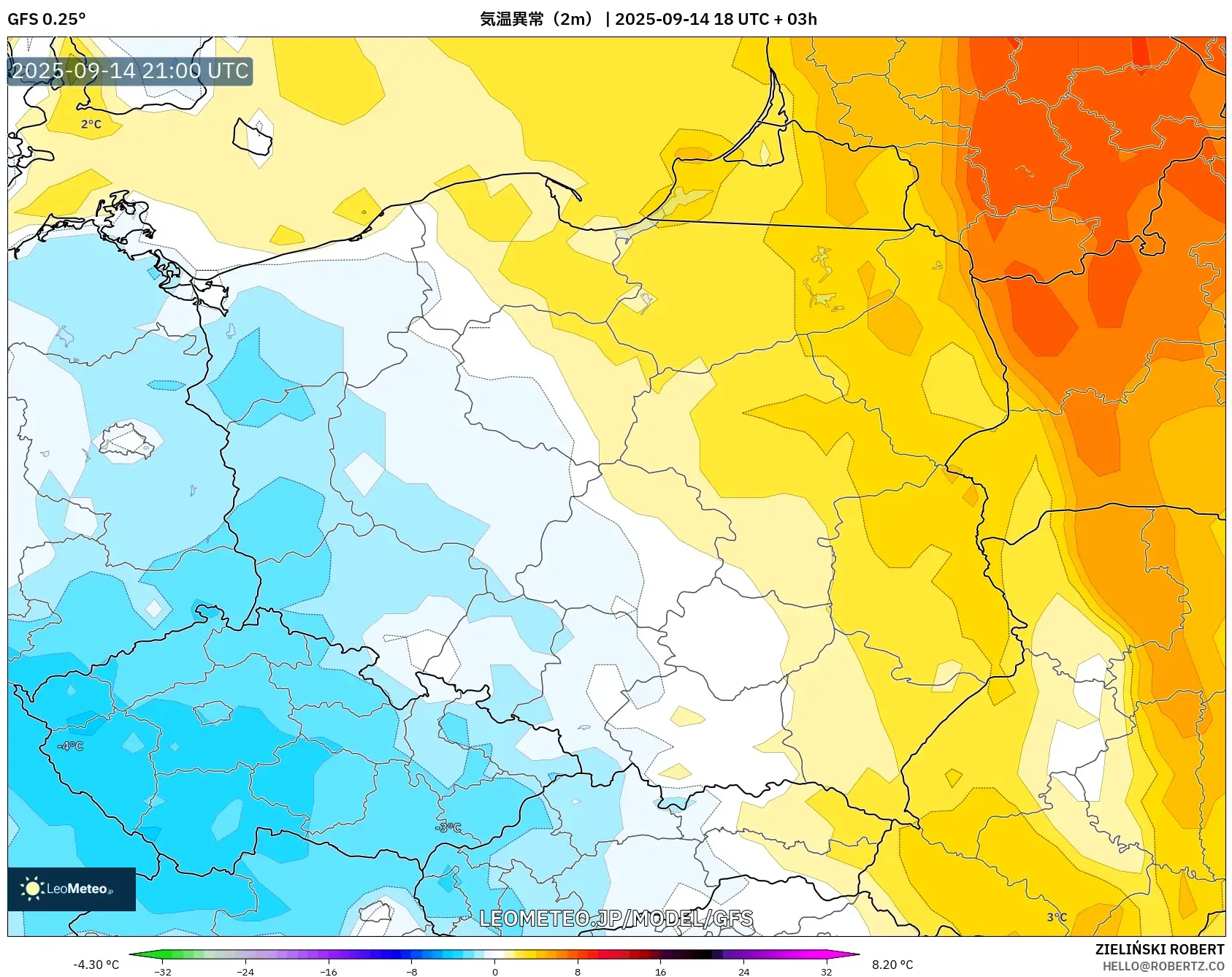 GFS model - ポーランド, 気温異常(2m) GFS model - ポーランド, 気温異常(2m)