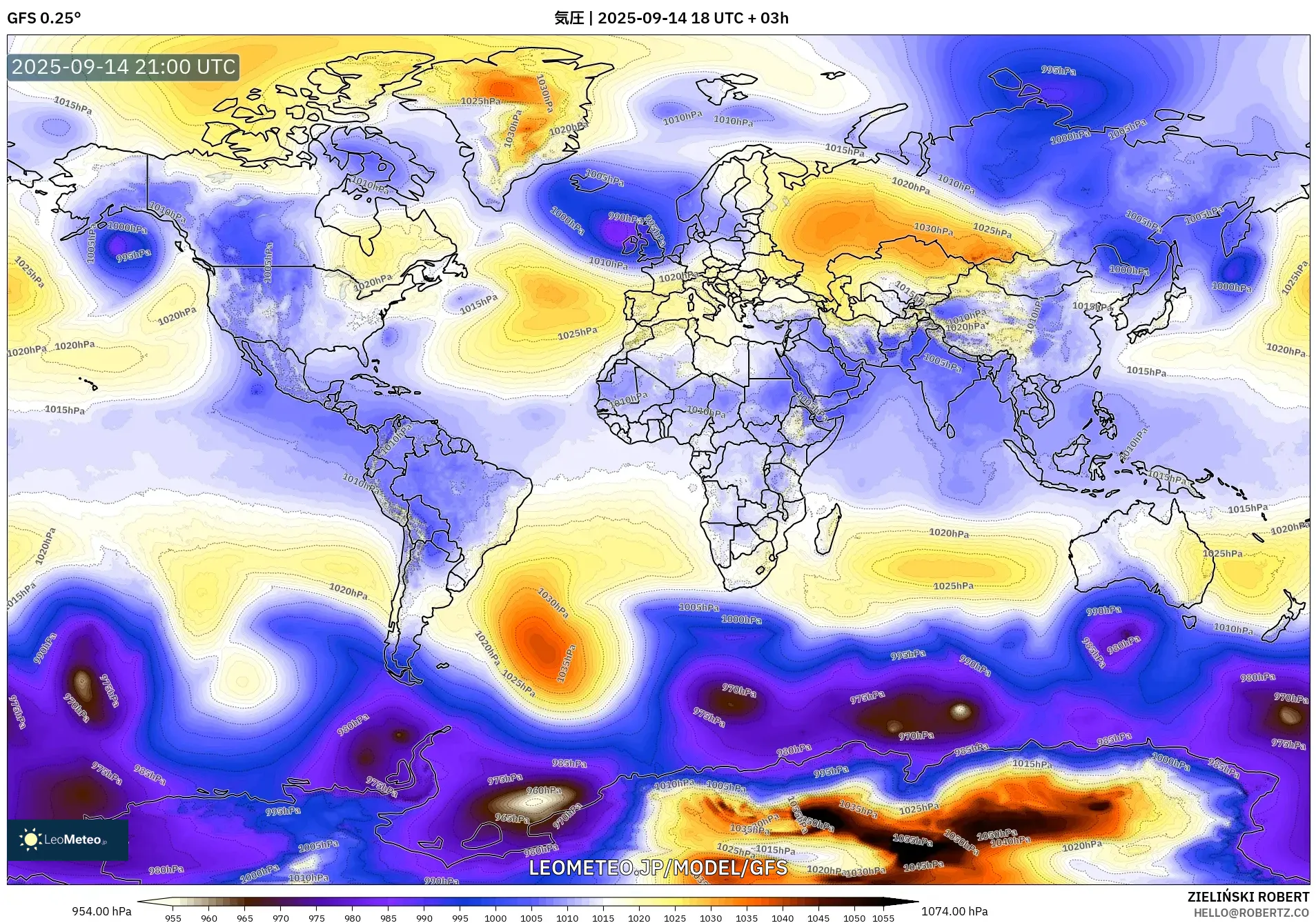 GFS model - 世界, 気圧 GFS model - 世界, 気圧