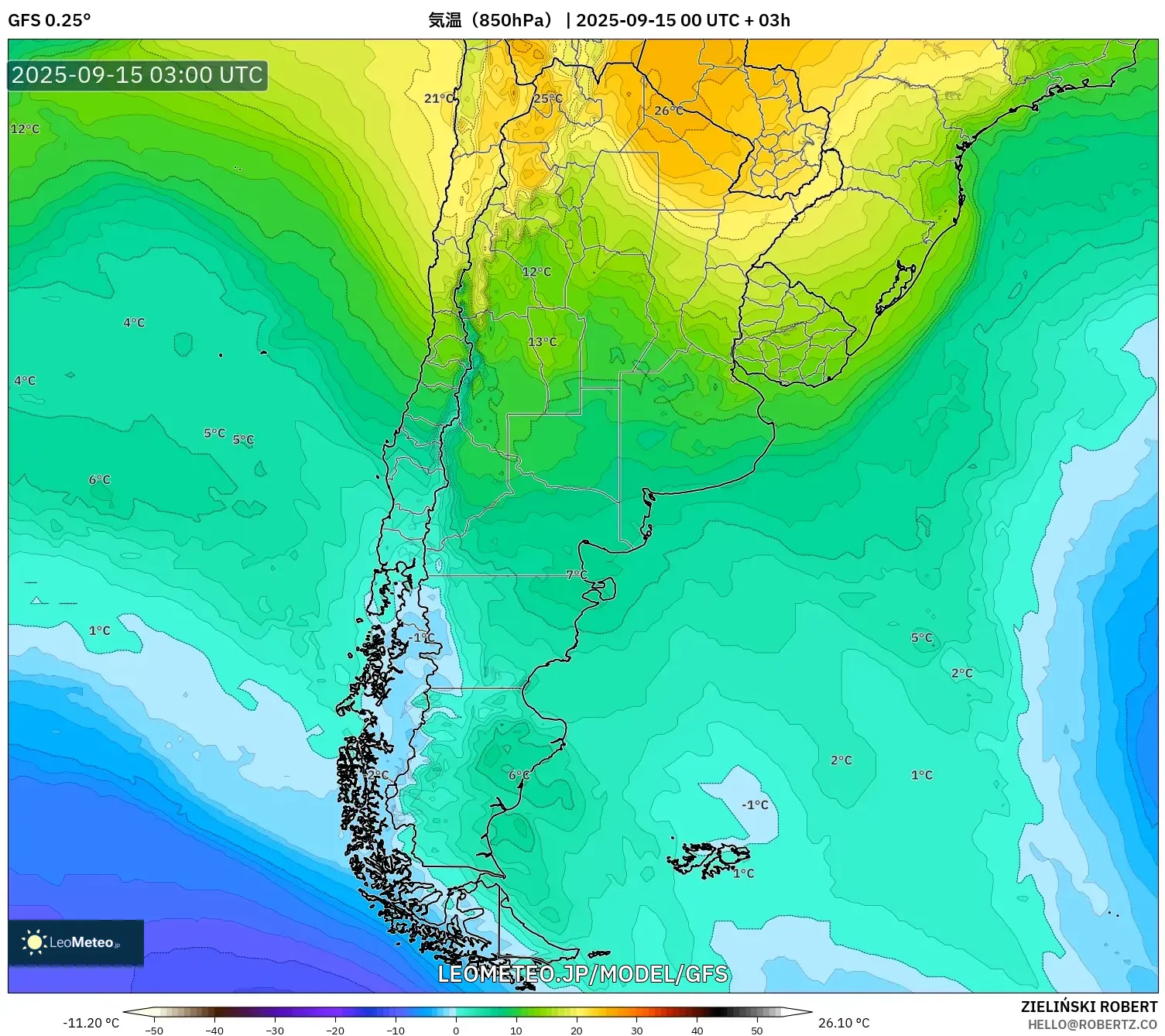 GFS model - アルゼンチン, 気温（850hPa）