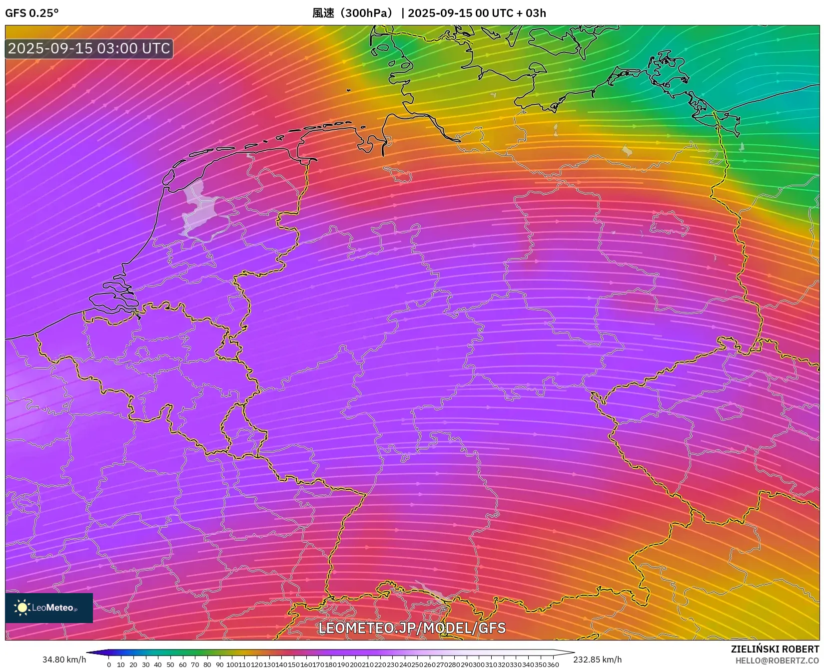 GFS model - ドイツ, 風速（300hPa）