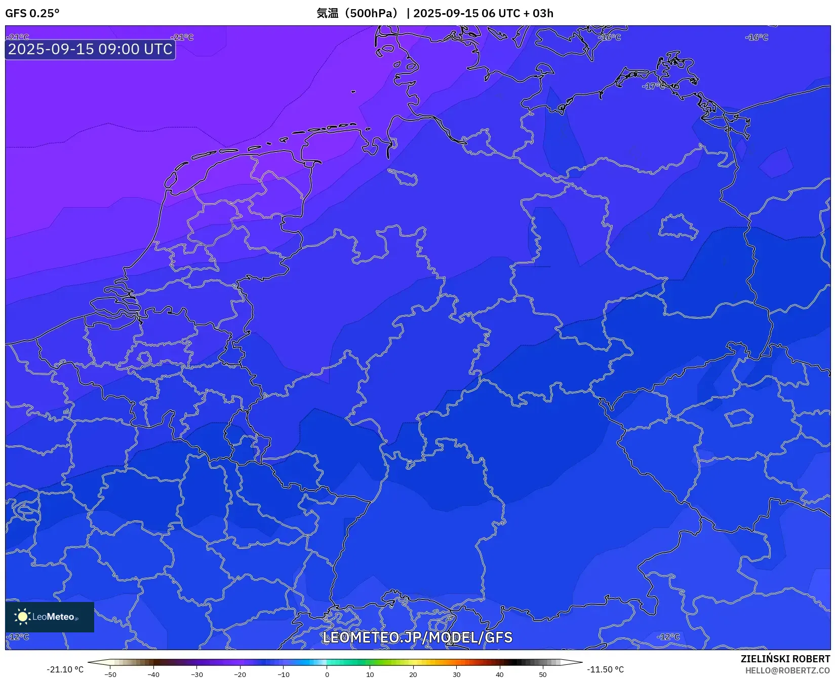 GFS model - ドイツ, 気温（500hPa）