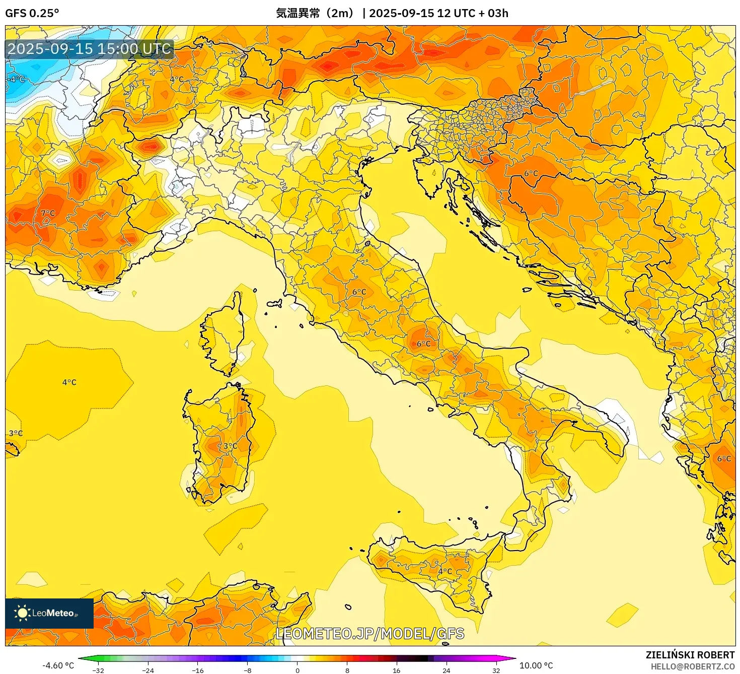 GFS model - イタリア, 気温異常（2m）