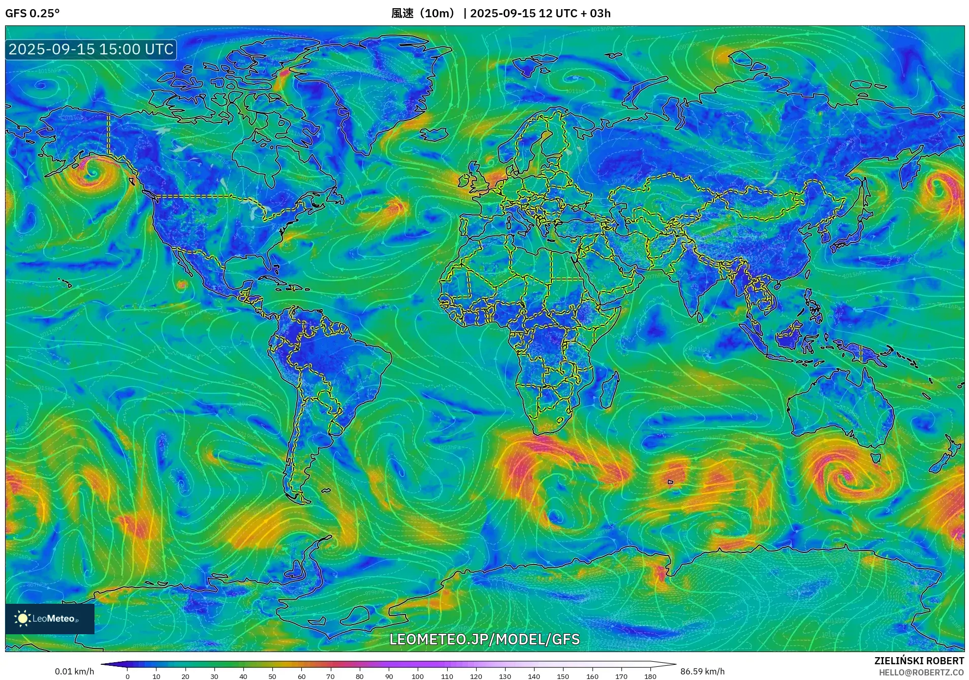 GFS model - 世界, 風速(10m) GFS model - 世界, 風速(10m)
