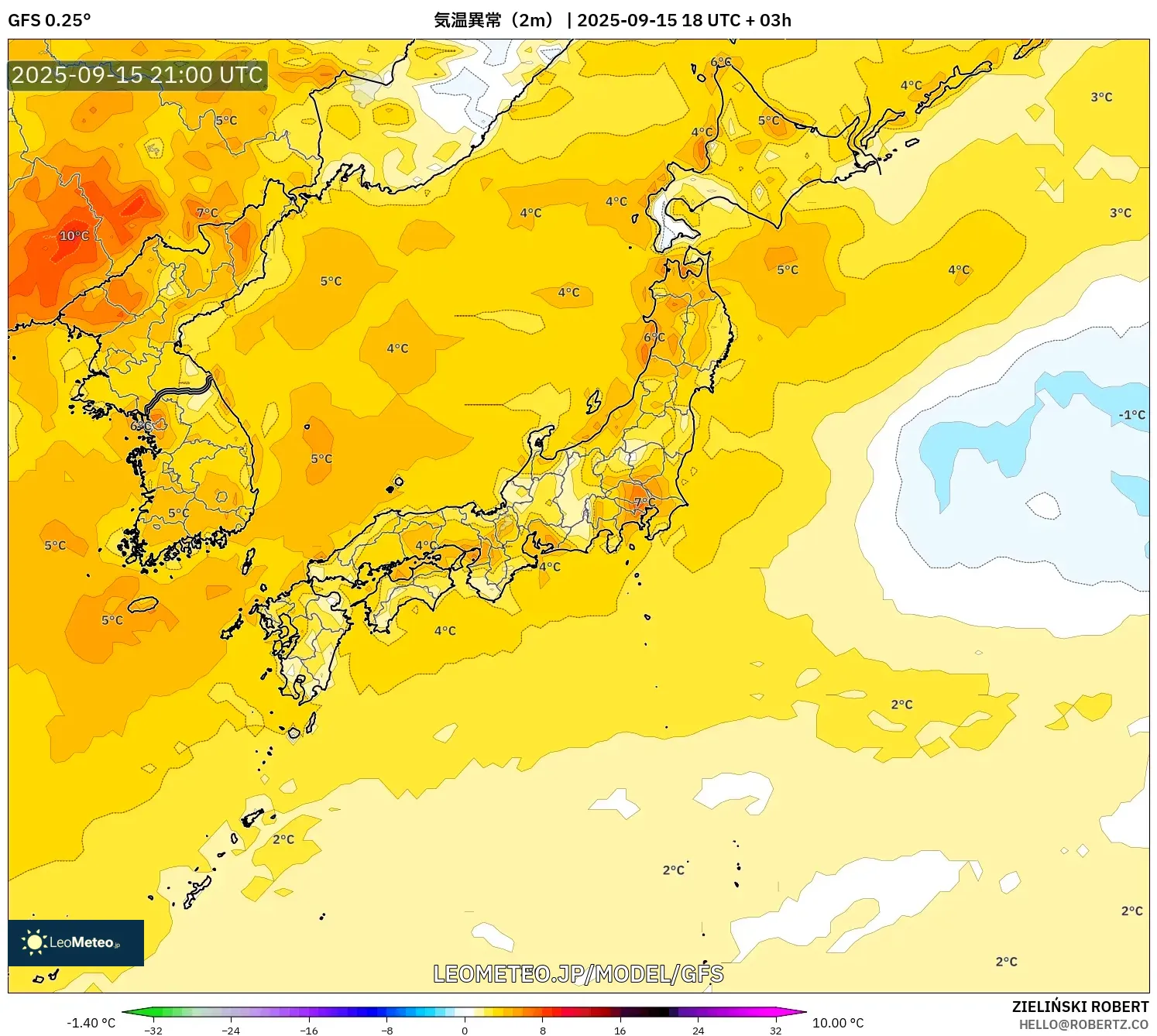 GFS model - 日本, 気温異常(2m) GFS model - 日本, 気温異常(2m)