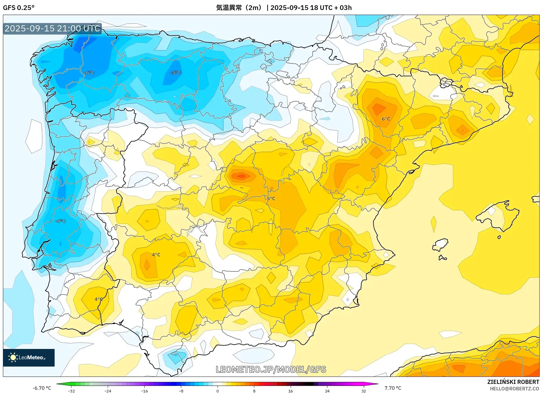 GFS model - スペイン, 気温異常（2m）