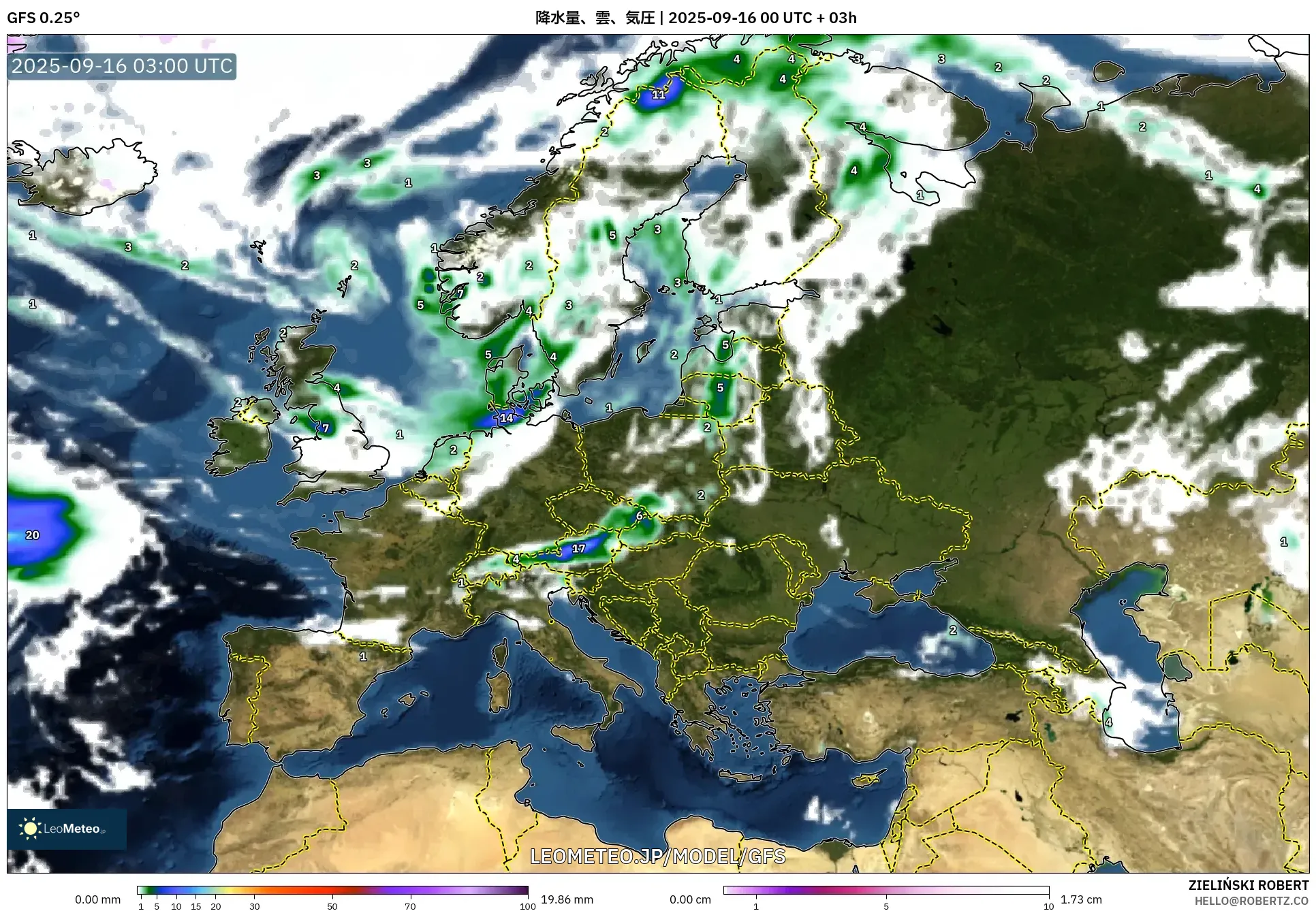 GFS model - ヨーロッパ, 降水量、雲、気圧