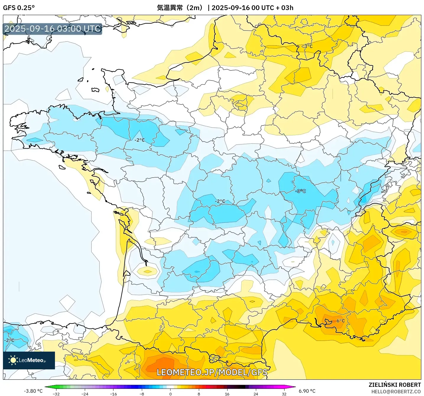 GFS model - フランス, 気温異常（2m）